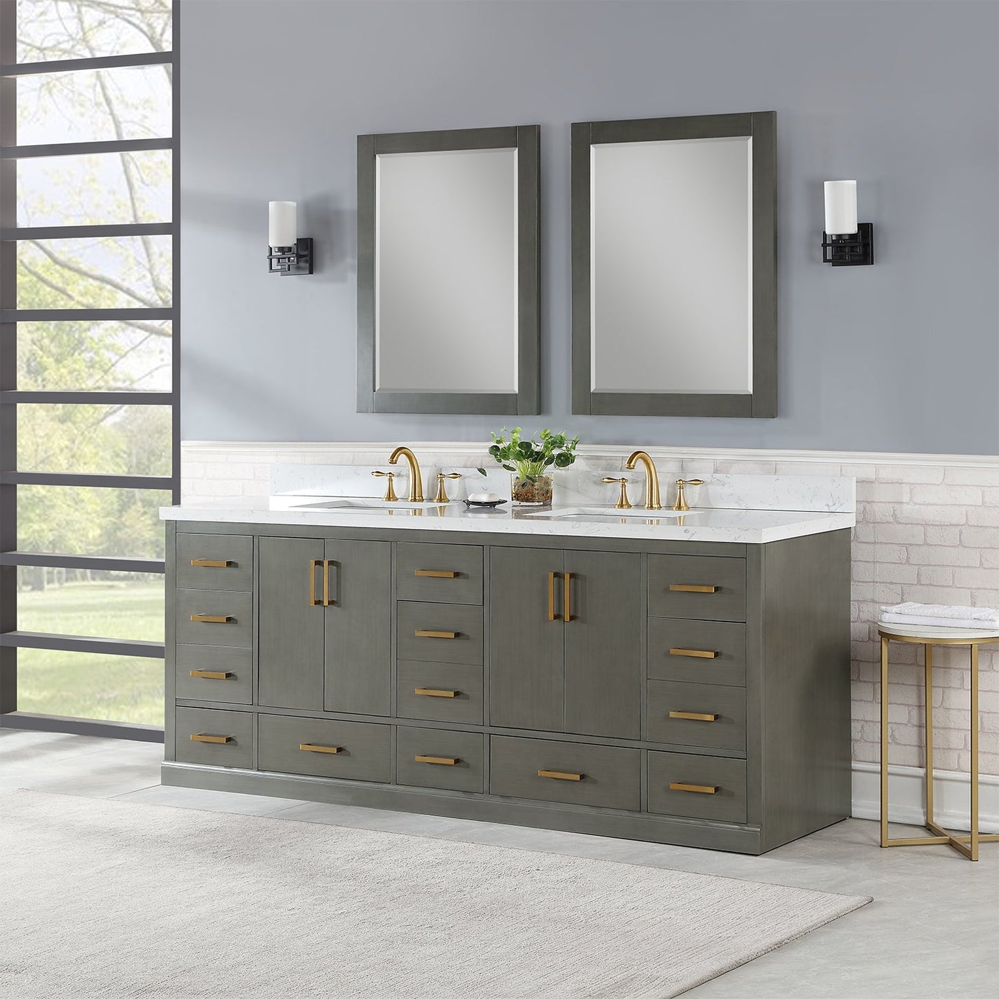 Monna 84" Double Bathroom Vanity Set in Gray Pine with Aosta White Engineered Stone Countertop with Mirror