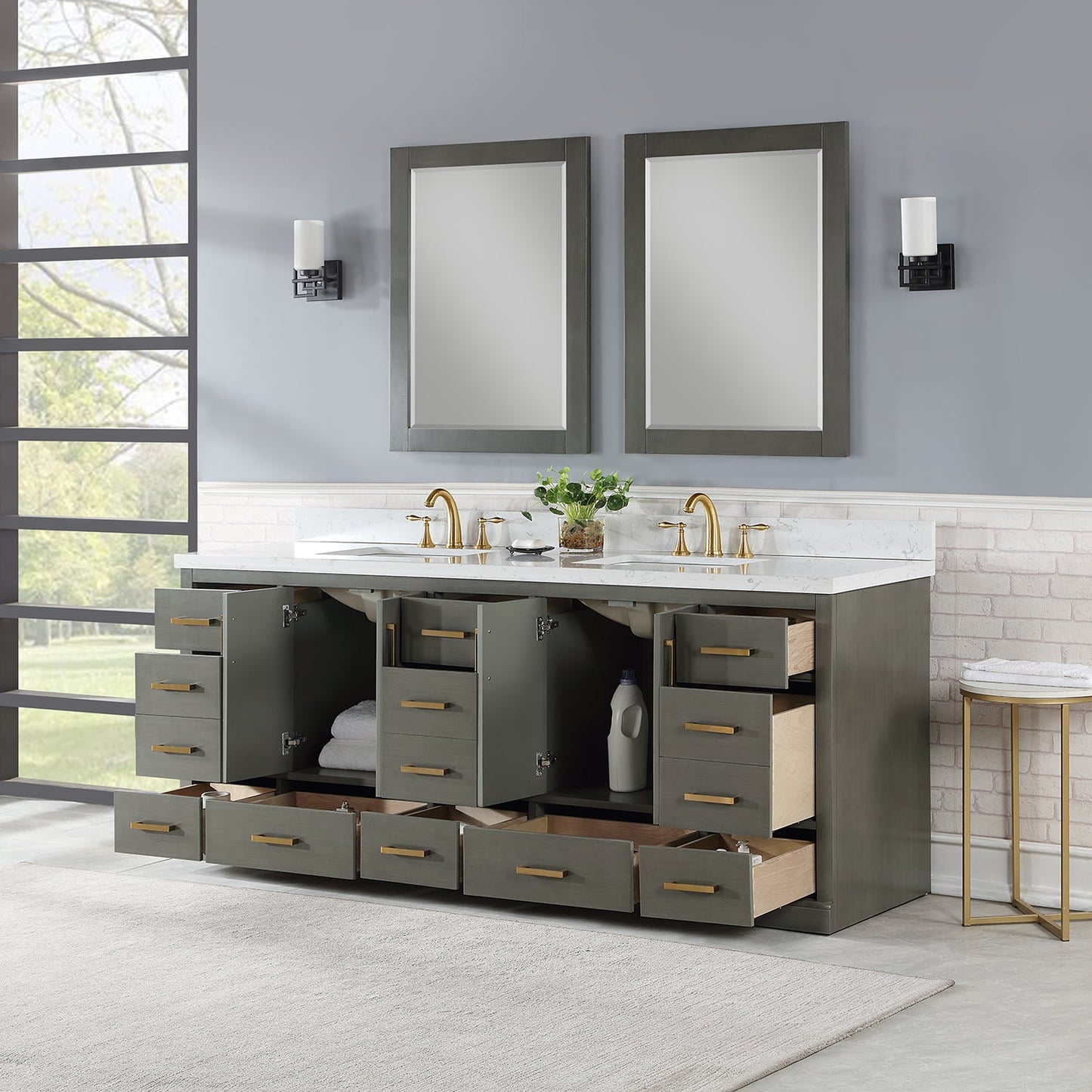 Monna 84" Double Bathroom Vanity Set in Gray Pine with Aosta White Engineered Stone Countertop with Mirror