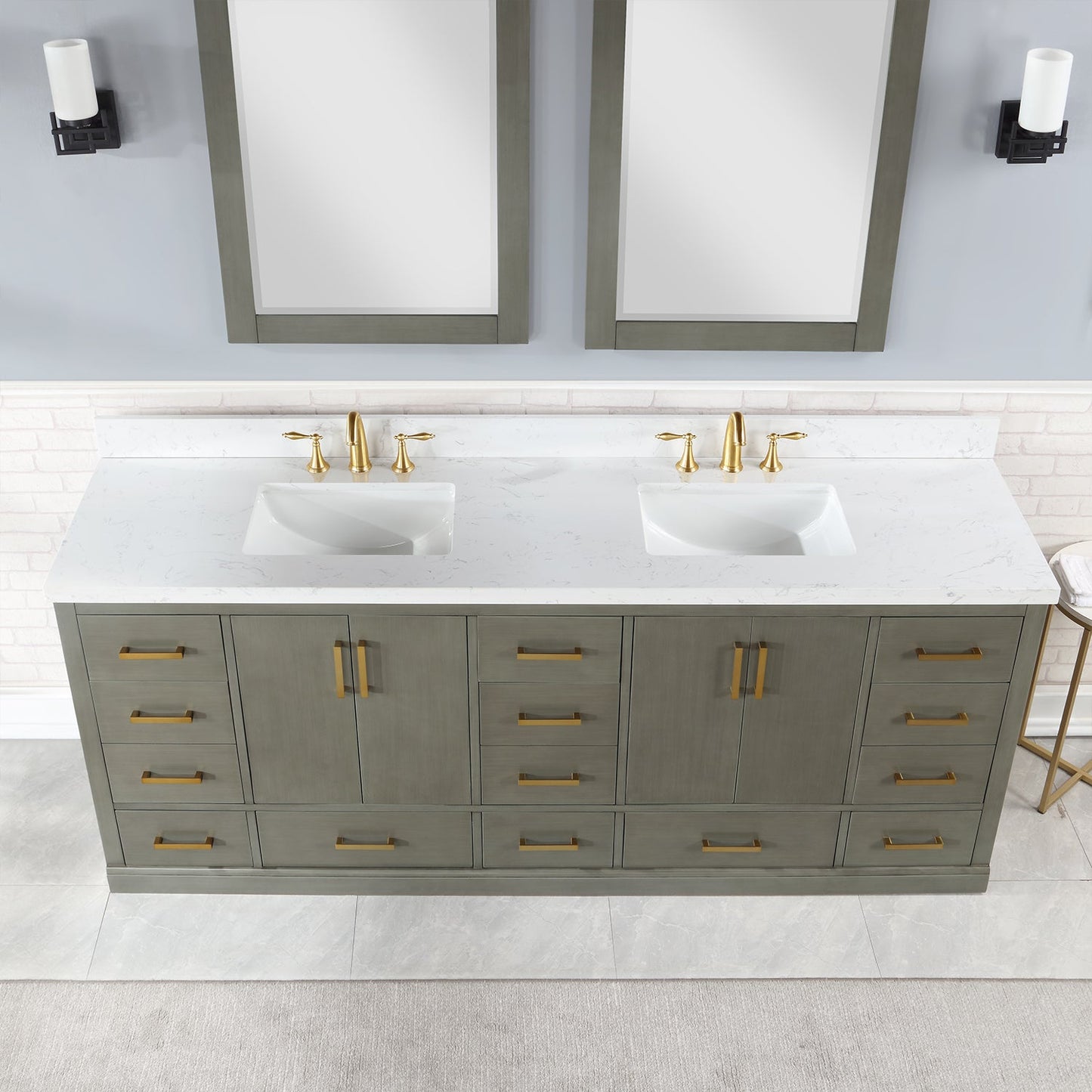 Monna 84" Double Bathroom Vanity Set in Gray Pine with Aosta White Engineered Stone Countertop with Mirror