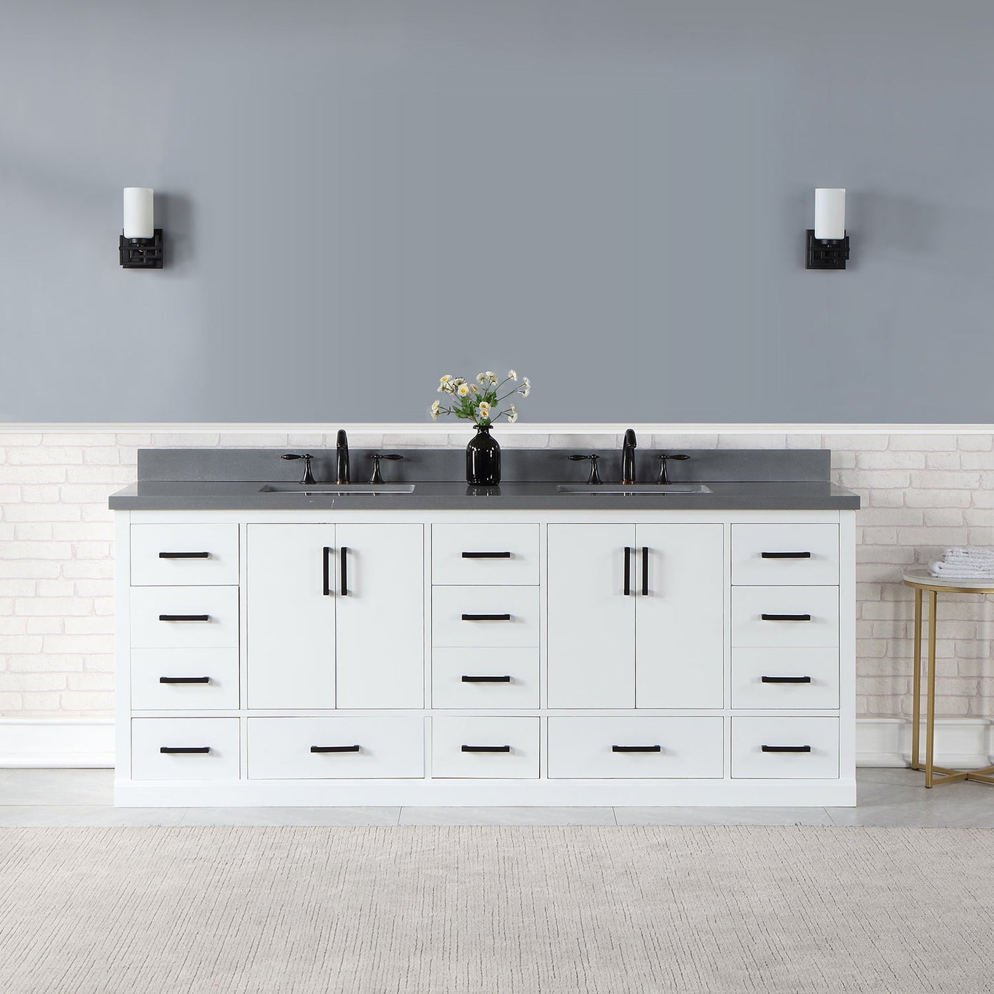 Monna 84" Double Bathroom Vanity Set in White with Concrete Grey Engineered Stone Countertop without Mirror
