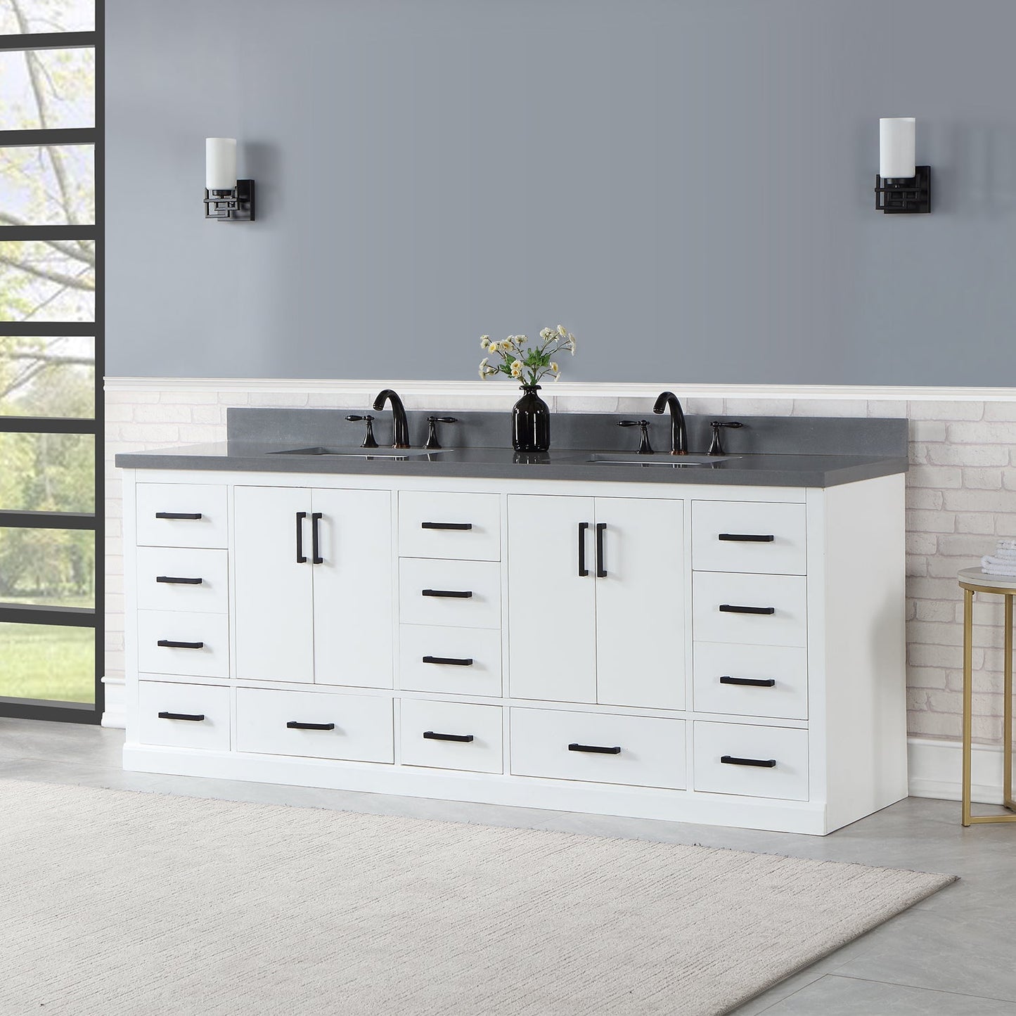 Monna 84" Double Bathroom Vanity Set in White with Concrete Grey Engineered Stone Countertop without Mirror
