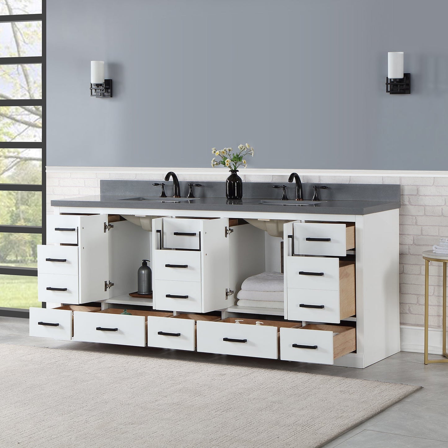 Monna 84" Double Bathroom Vanity Set in White with Concrete Grey Engineered Stone Countertop without Mirror