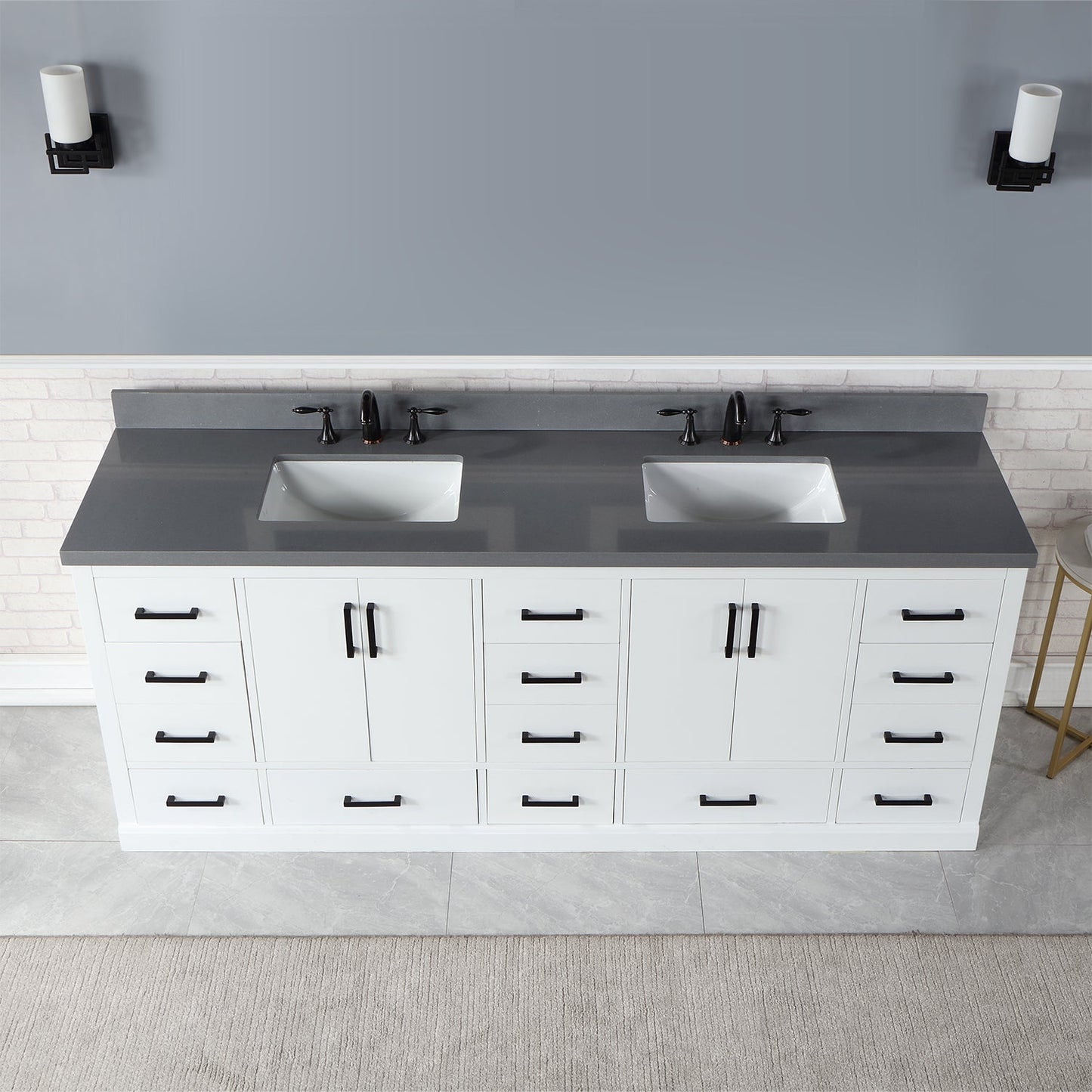 Monna 84" Double Bathroom Vanity Set in White with Concrete Grey Engineered Stone Countertop without Mirror