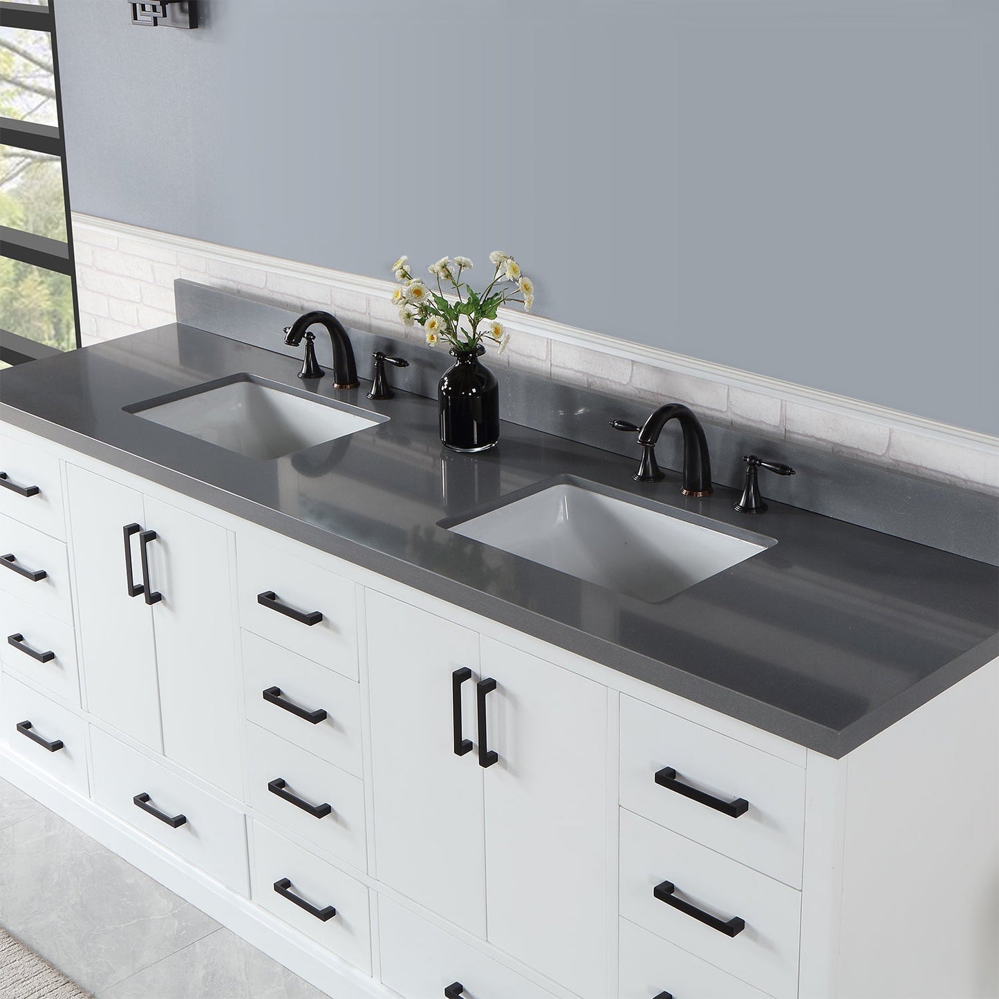 Monna 84" Double Bathroom Vanity Set in White with Concrete Grey Engineered Stone Countertop without Mirror