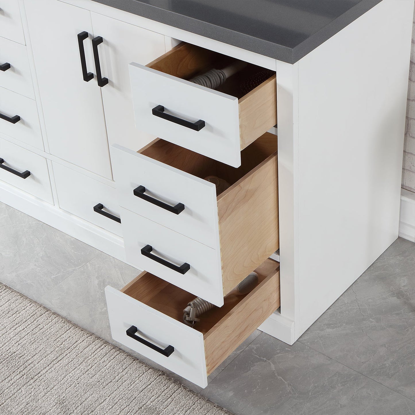 Monna 84" Double Bathroom Vanity Set in White with Concrete Grey Engineered Stone Countertop without Mirror