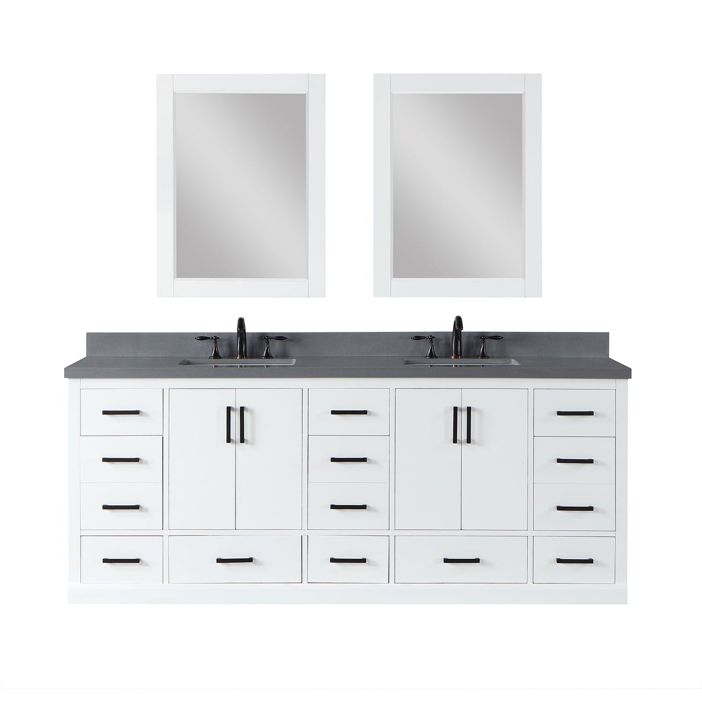 Monna 84" Double Bathroom Vanity Set in White with Concrete Grey Engineered Stone Countertop with Mirror