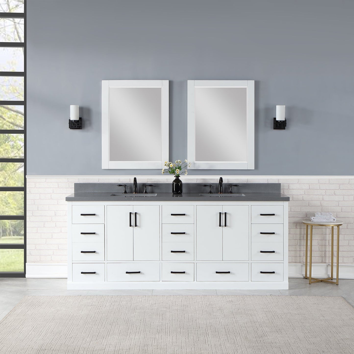 Monna 84" Double Bathroom Vanity Set in White with Concrete Grey Engineered Stone Countertop with Mirror