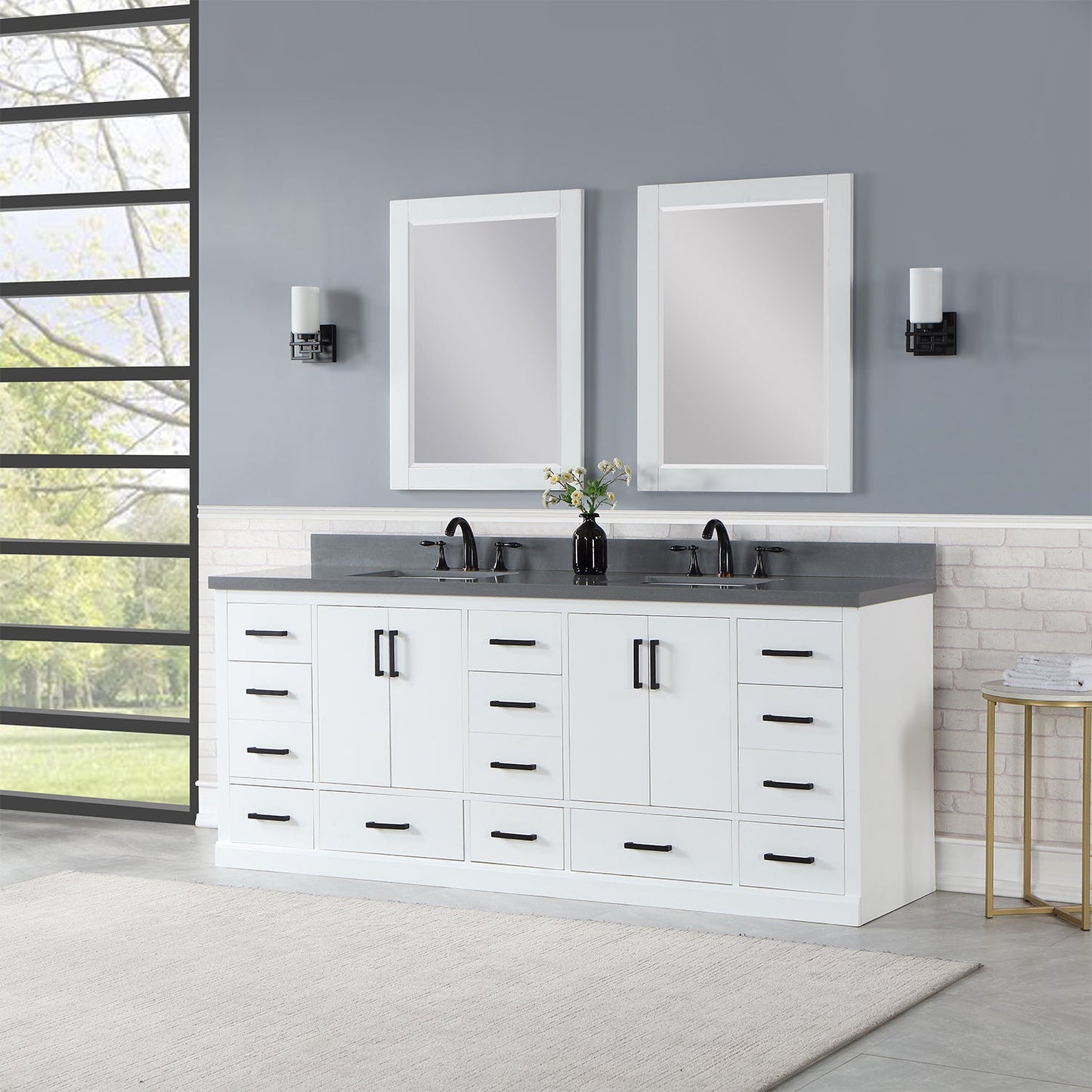 Monna 84" Double Bathroom Vanity Set in White with Concrete Grey Engineered Stone Countertop with Mirror