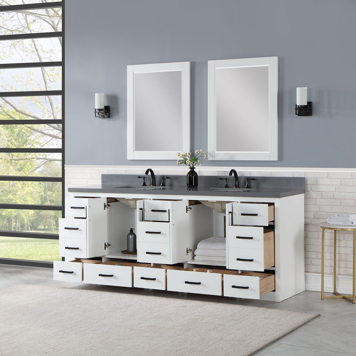 Monna 84" Double Bathroom Vanity Set in White with Concrete Grey Engineered Stone Countertop with Mirror