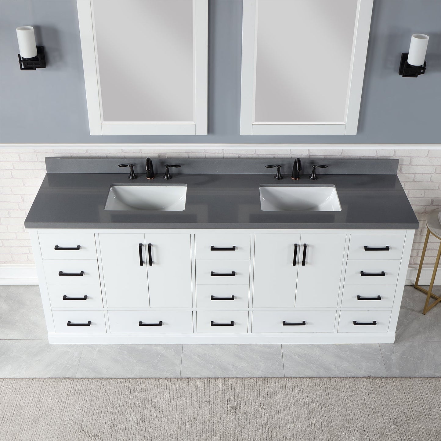 Monna 84" Double Bathroom Vanity Set in White with Concrete Grey Engineered Stone Countertop with Mirror