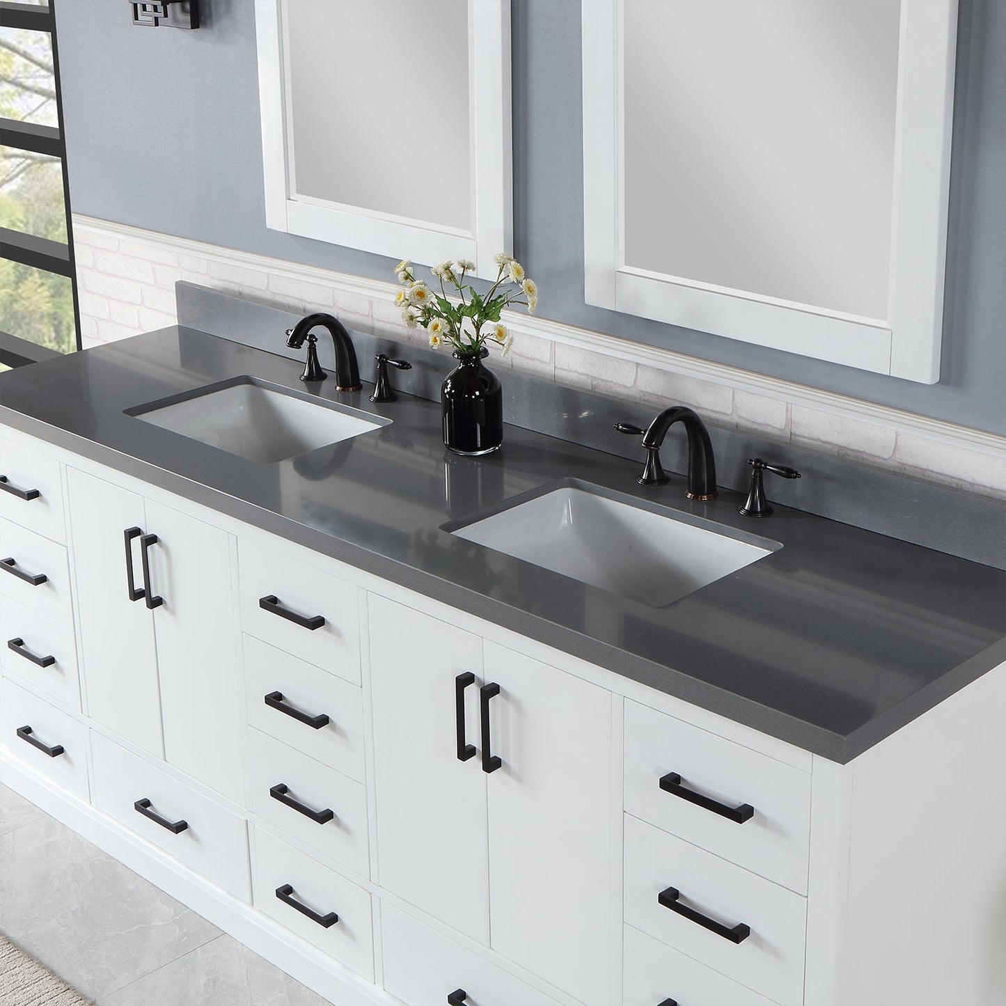 Monna 84" Double Bathroom Vanity Set in White with Concrete Grey Engineered Stone Countertop with Mirror