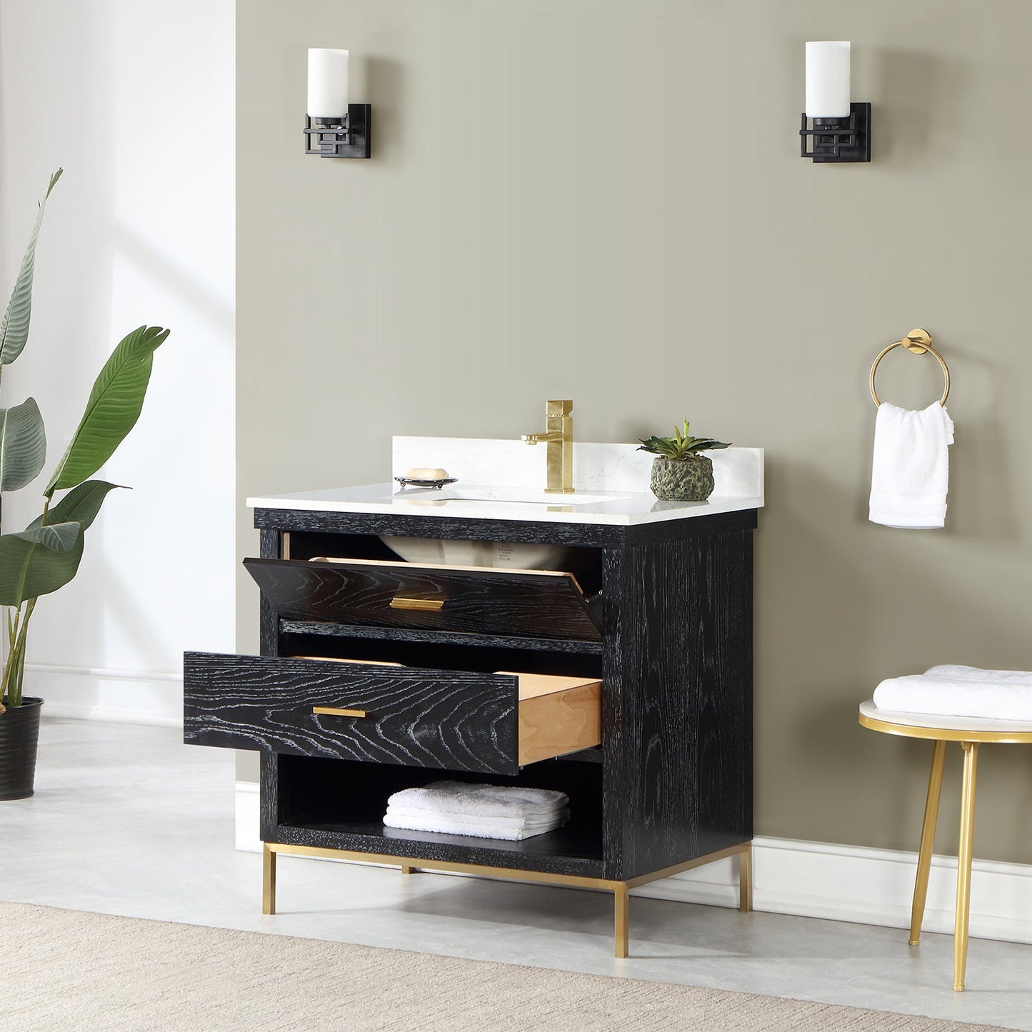 Kesia 36" Single Bathroom Vanity Set in Black Oak with Aosta White Engineered Stone Countertop without Mirror