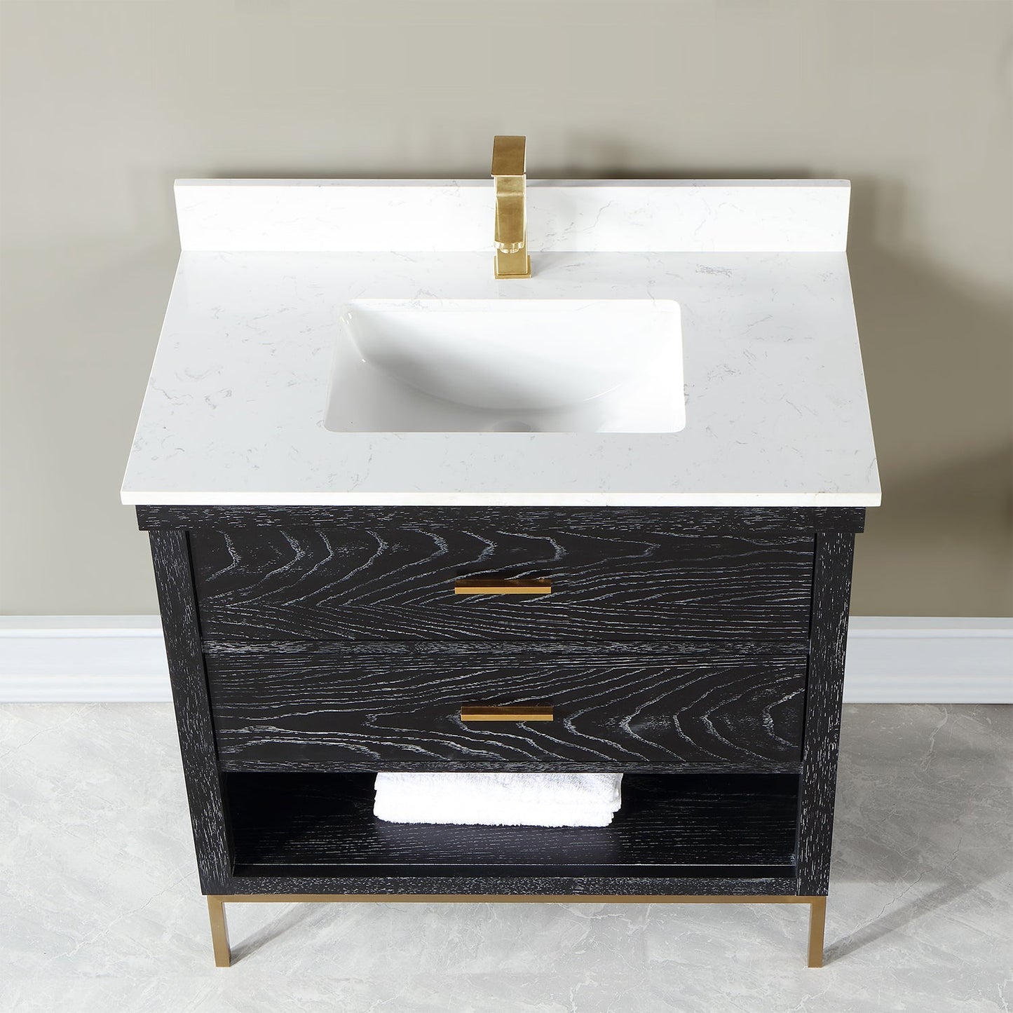 Kesia 36" Single Bathroom Vanity Set in Black Oak with Aosta White Engineered Stone Countertop without Mirror