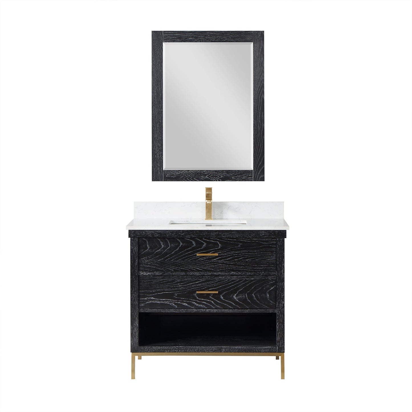 Kesia 36" Single Bathroom Vanity Set in Black Oak with Aosta White Engineered Stone Countertop with Mirror