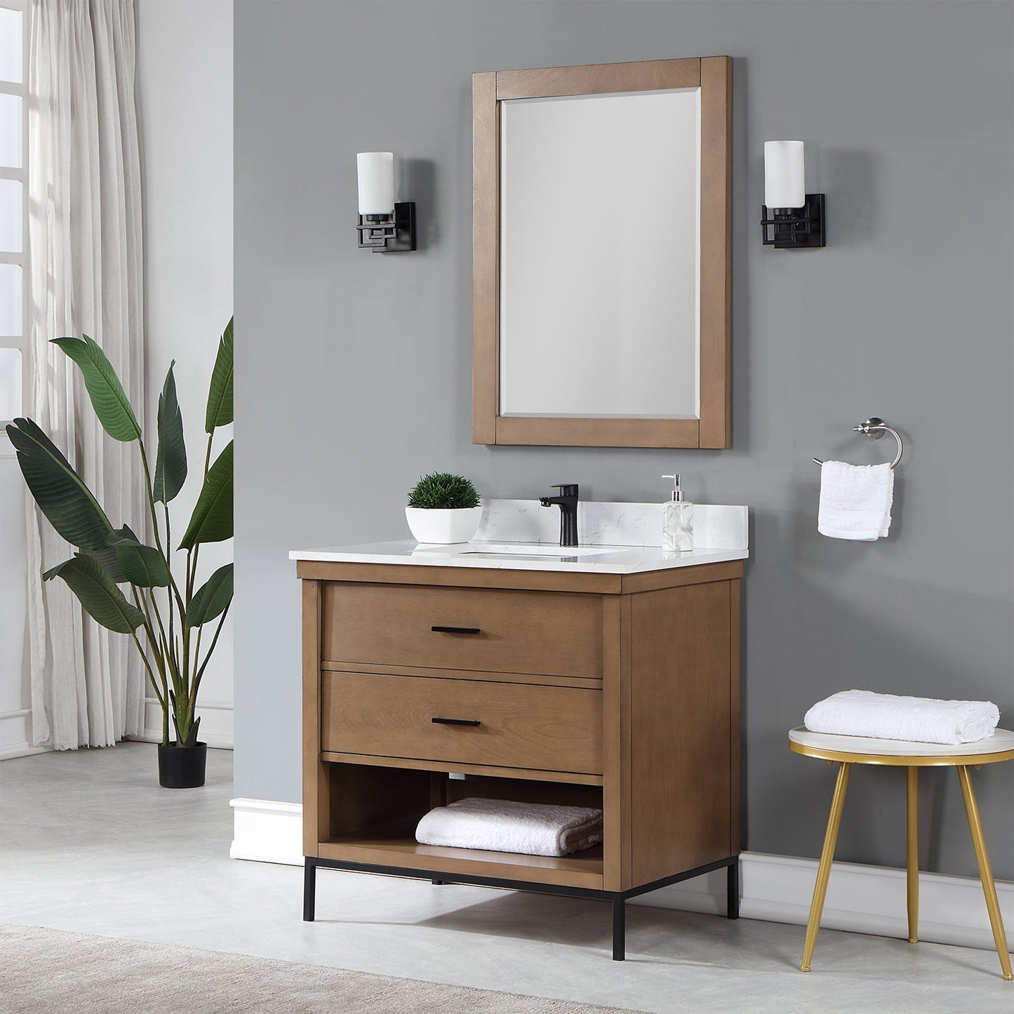 Kesia 36" Single Bathroom Vanity Set in Brown Pine with Aosta White Engineered Stone Countertop with Mirror