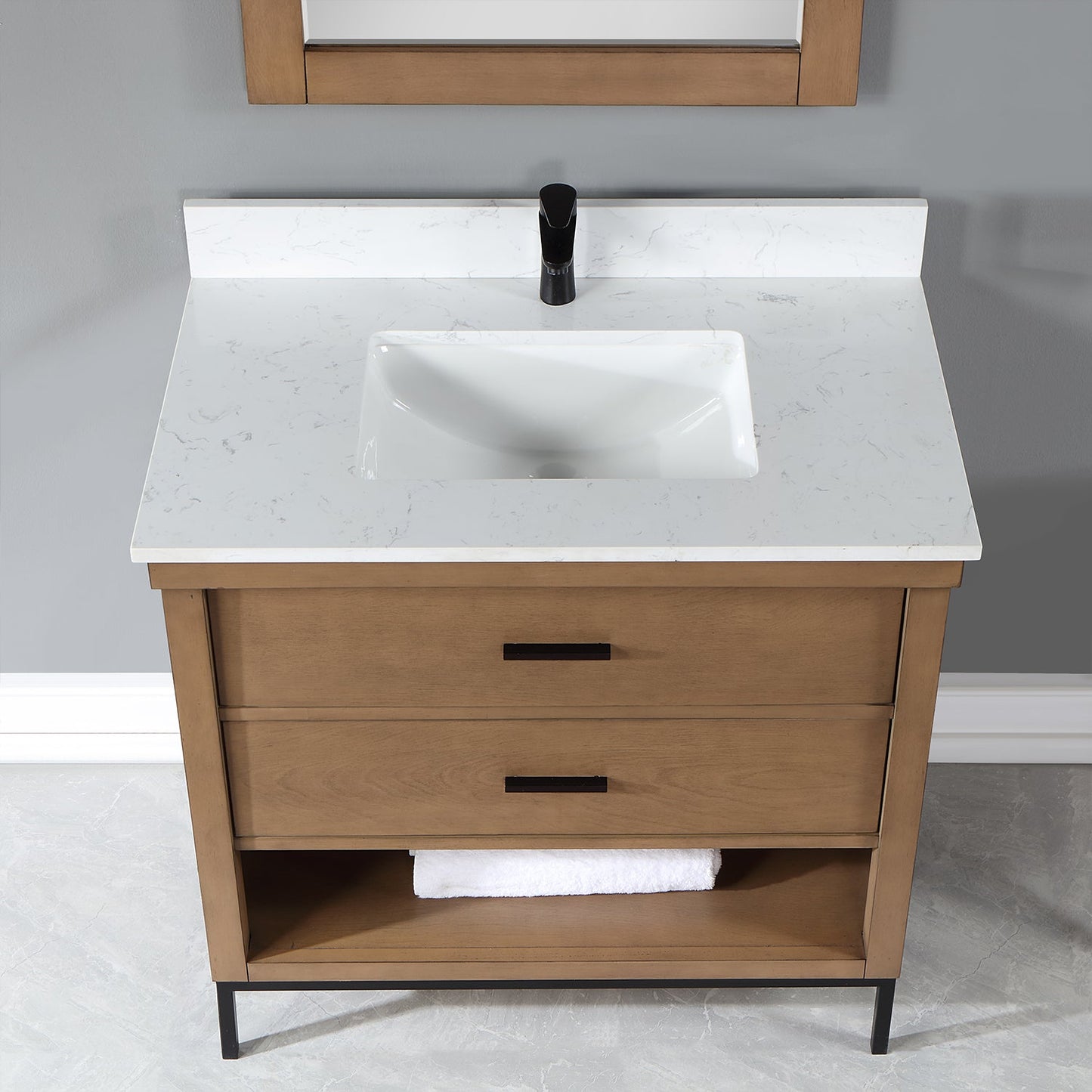 Kesia 36" Single Bathroom Vanity Set in Brown Pine with Aosta White Engineered Stone Countertop with Mirror