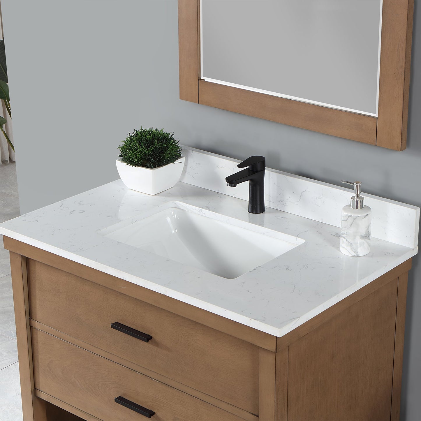 Kesia 36" Single Bathroom Vanity Set in Brown Pine with Aosta White Engineered Stone Countertop with Mirror
