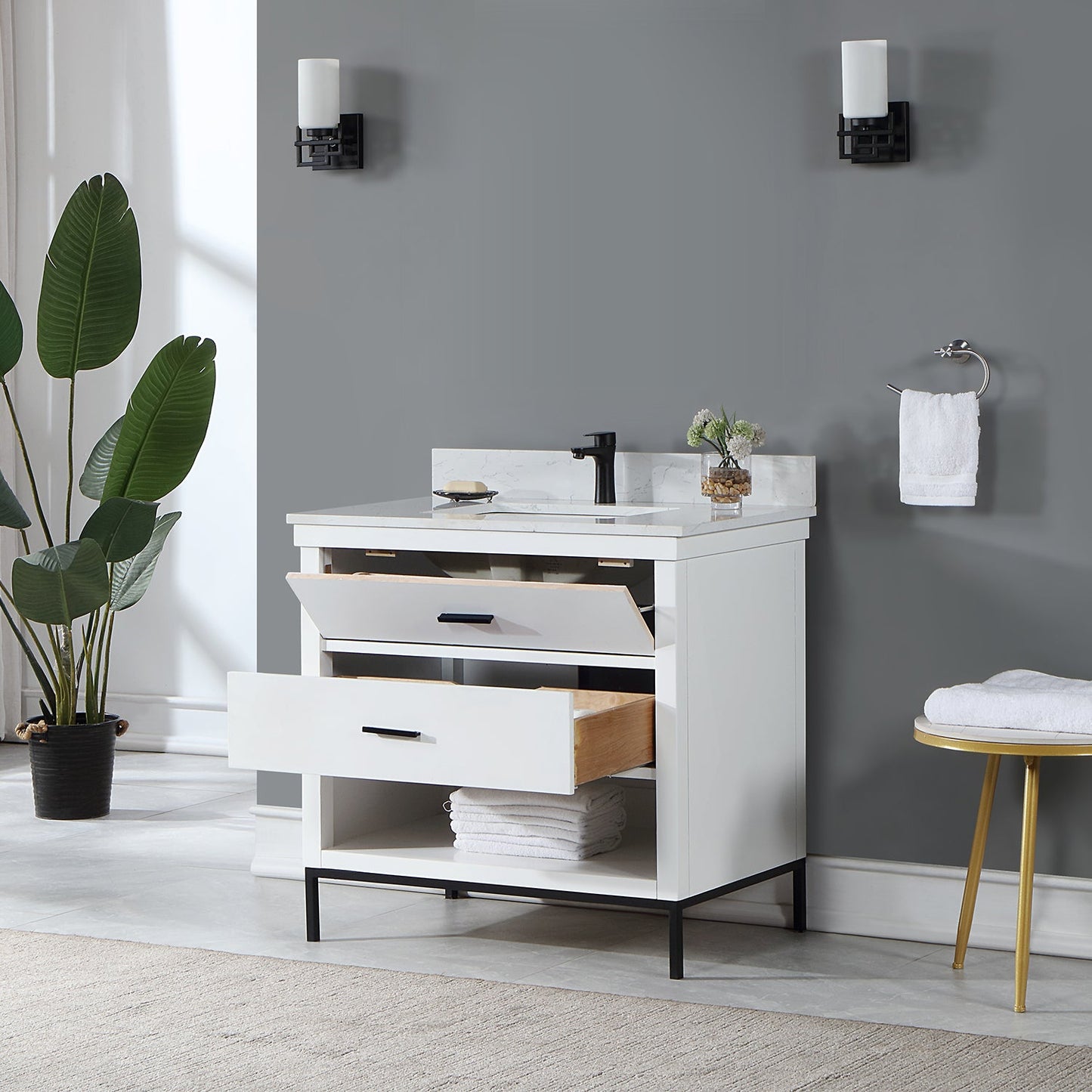 Kesia 36" Single Bathroom Vanity Set in White with Aosta White Engineered Stone Countertop without Mirror