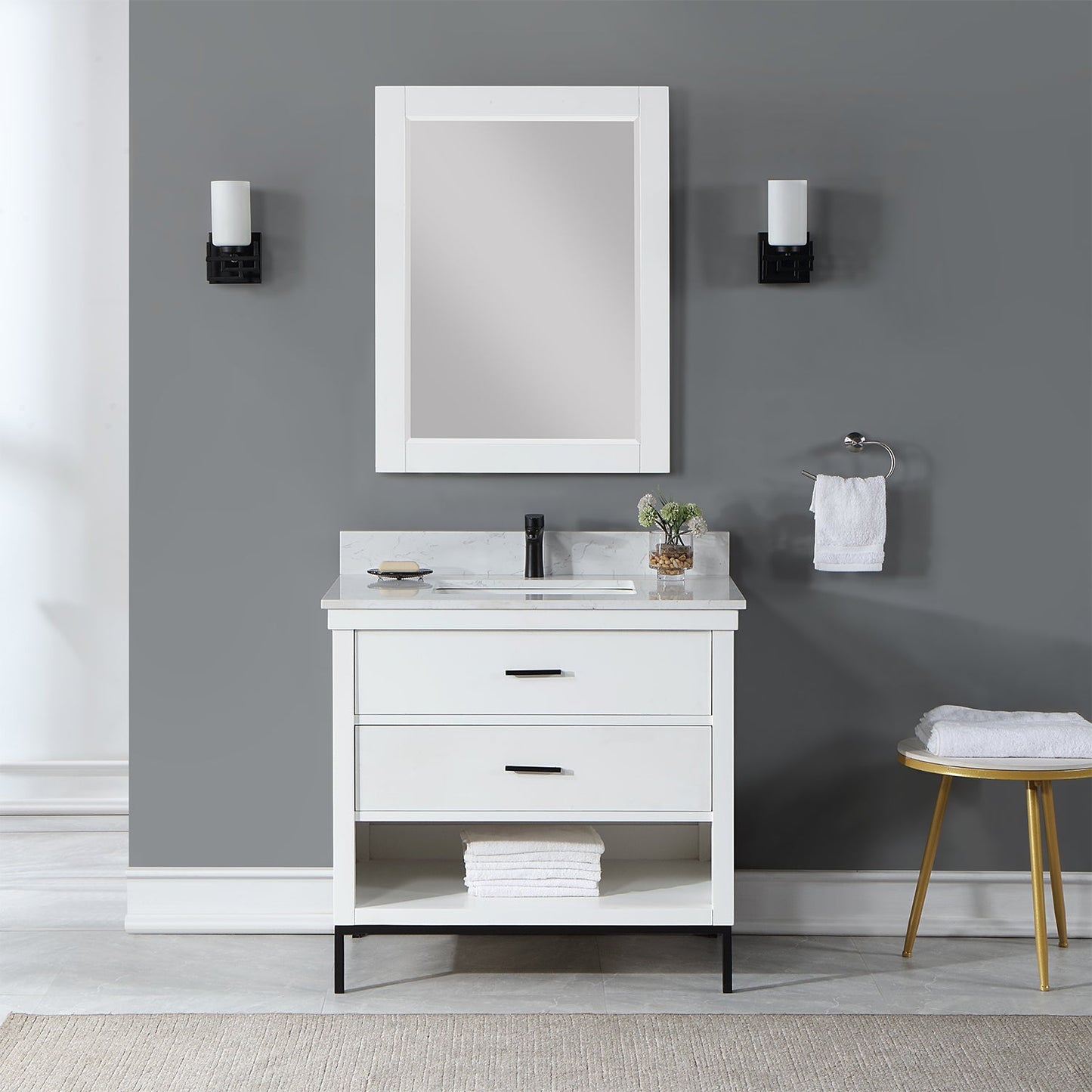 Kesia 36" Single Bathroom Vanity Set in White with Aosta White Engineered Stone Countertop with Mirror