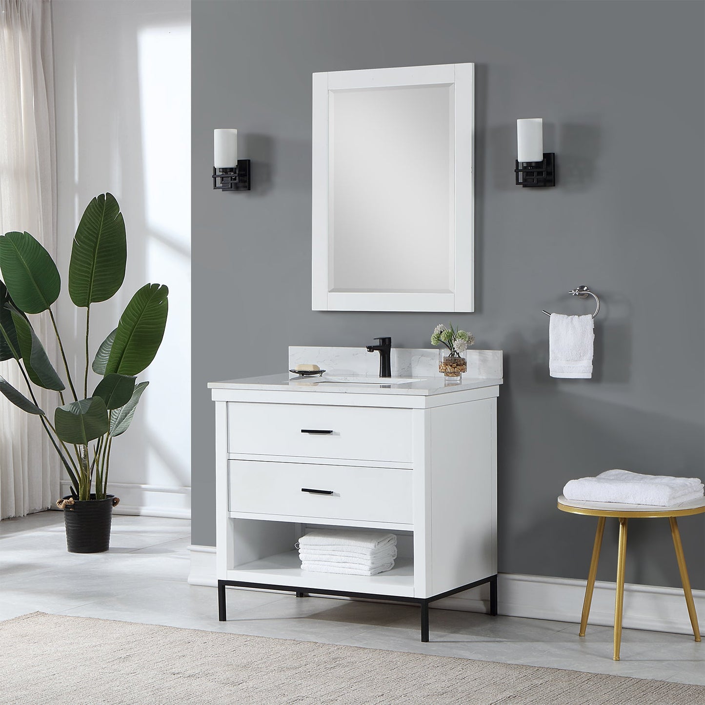 Kesia 36" Single Bathroom Vanity Set in White with Aosta White Engineered Stone Countertop with Mirror