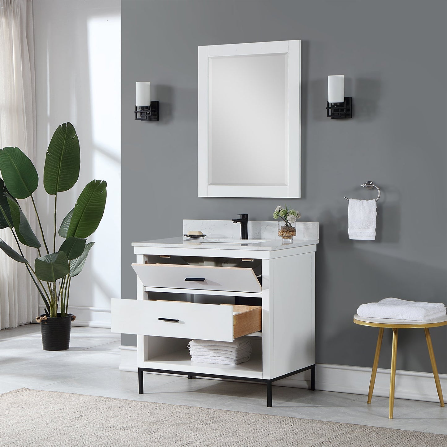 Kesia 36" Single Bathroom Vanity Set in White with Aosta White Engineered Stone Countertop with Mirror