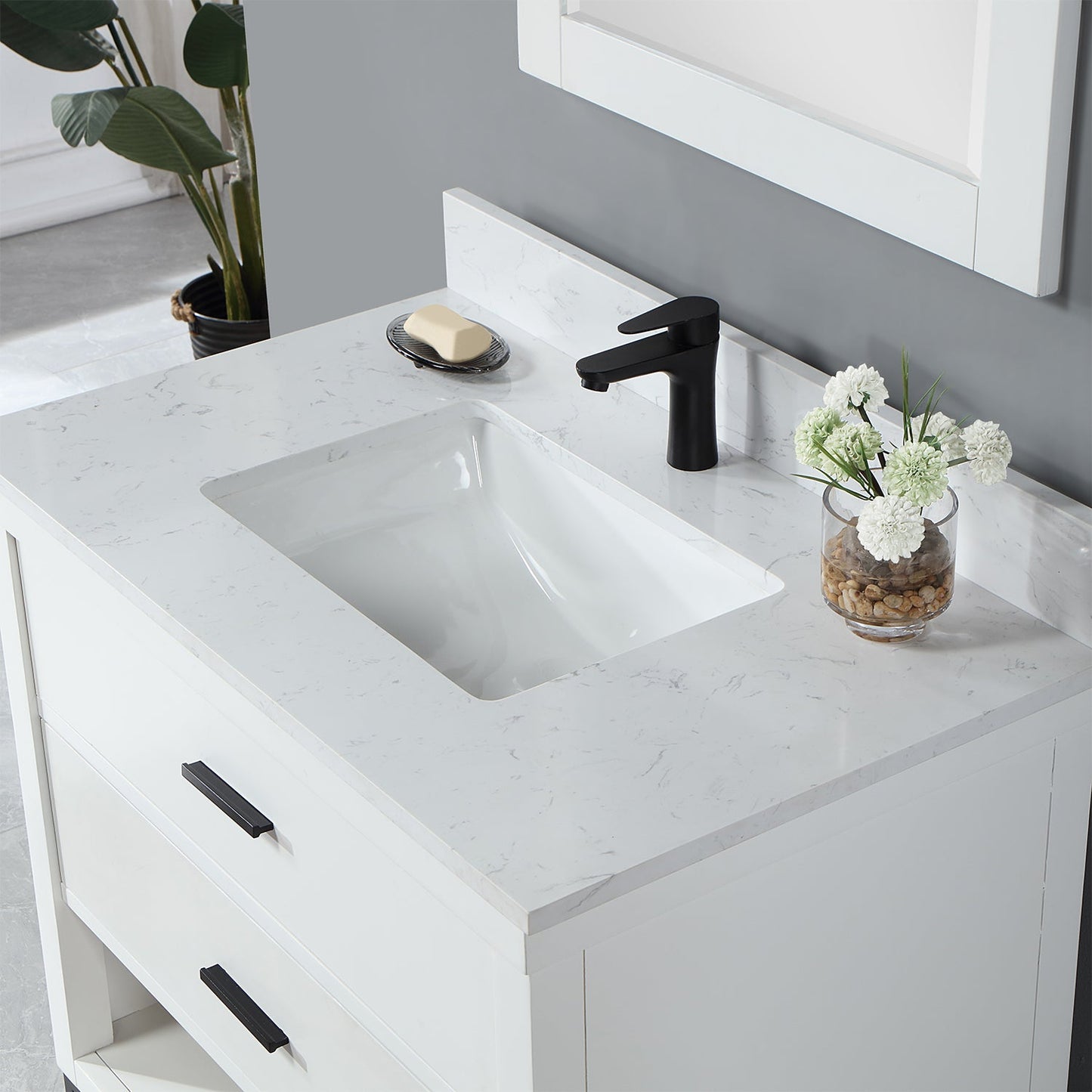 Kesia 36" Single Bathroom Vanity Set in White with Aosta White Engineered Stone Countertop with Mirror