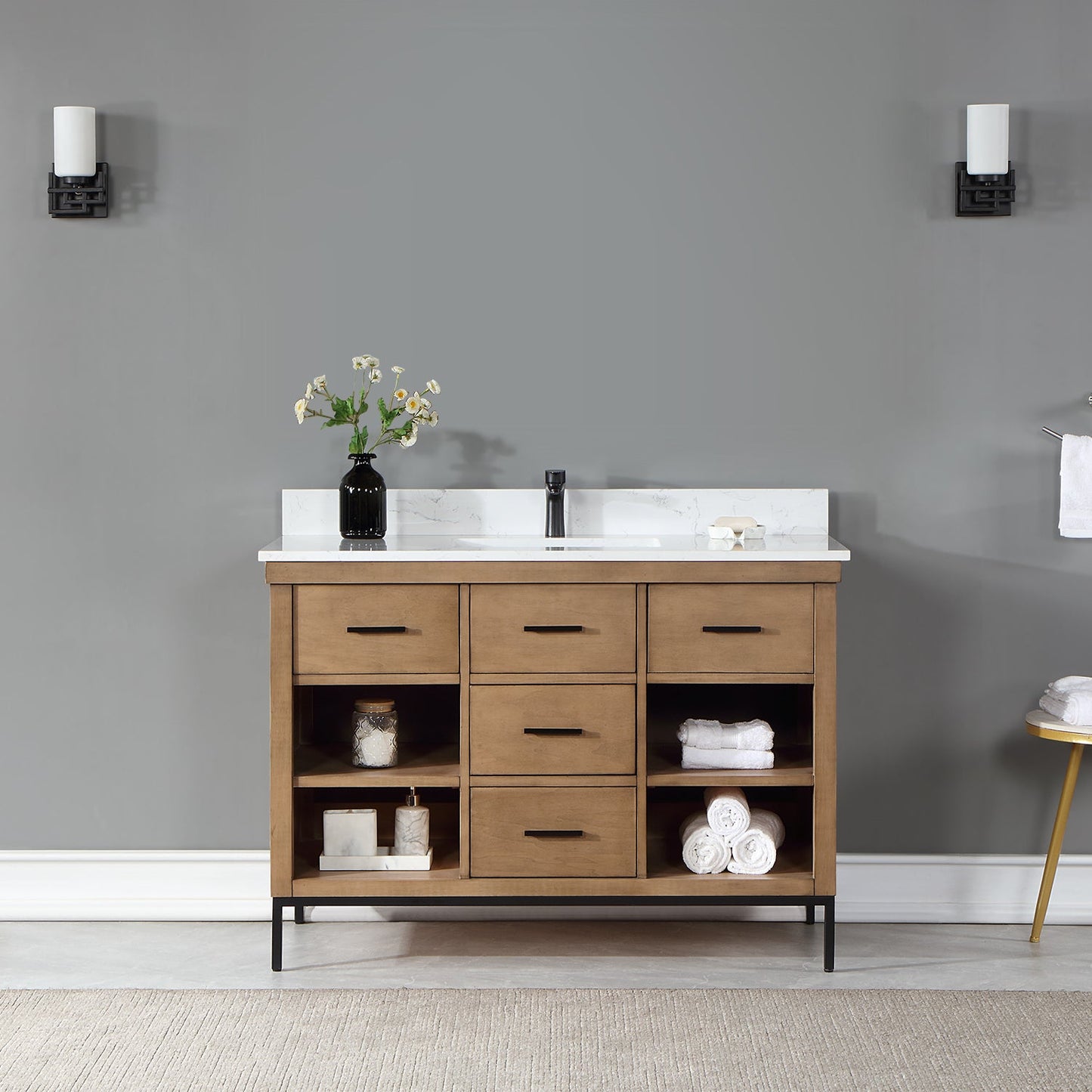 Kesia 48" Single Bathroom Vanity Set in Brown Pine with Aosta White Engineered Stone Countertop without Mirror