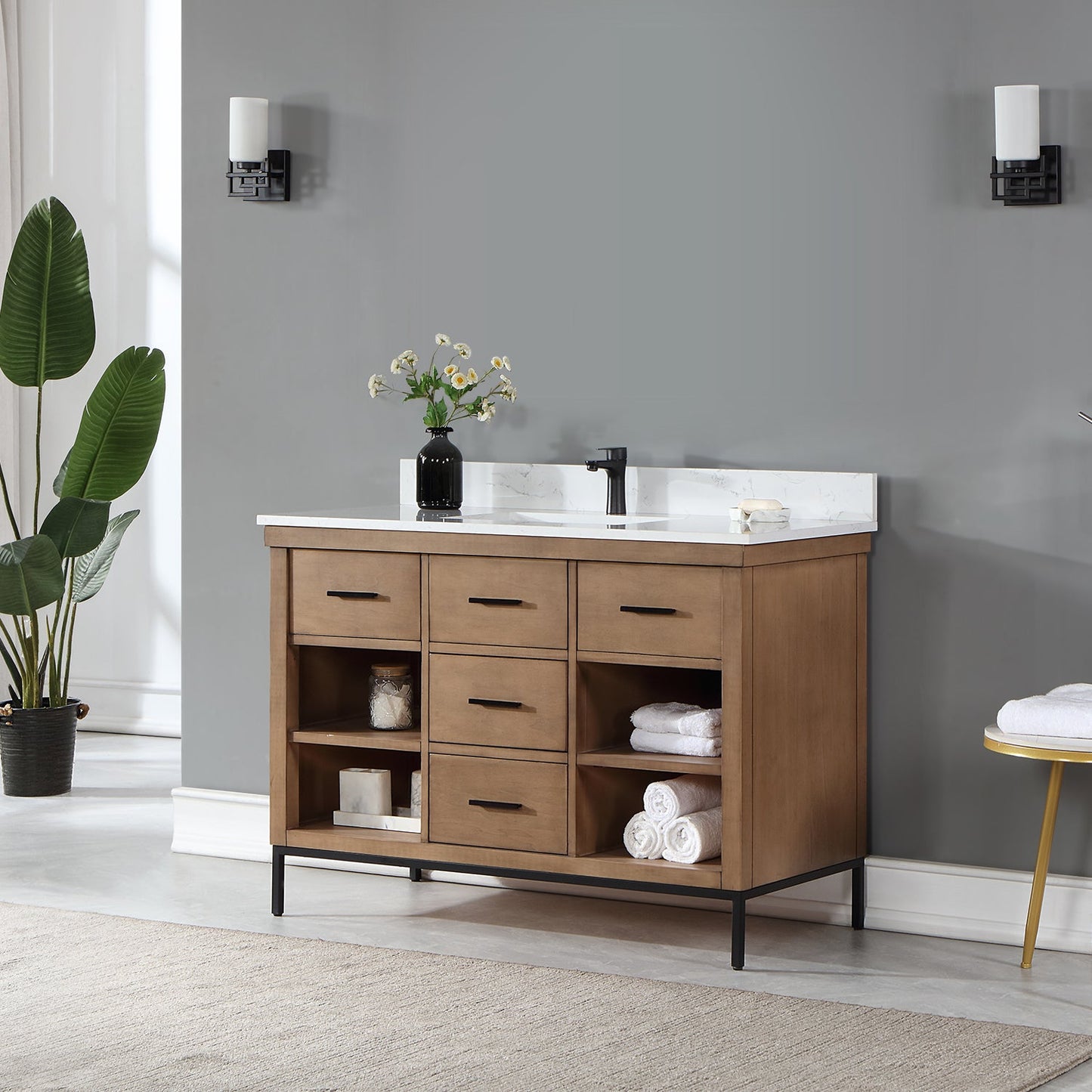 Kesia 48" Single Bathroom Vanity Set in Brown Pine with Aosta White Engineered Stone Countertop without Mirror
