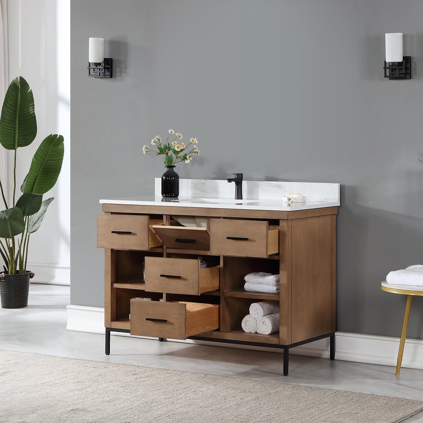 Kesia 48" Single Bathroom Vanity Set in Brown Pine with Aosta White Engineered Stone Countertop without Mirror