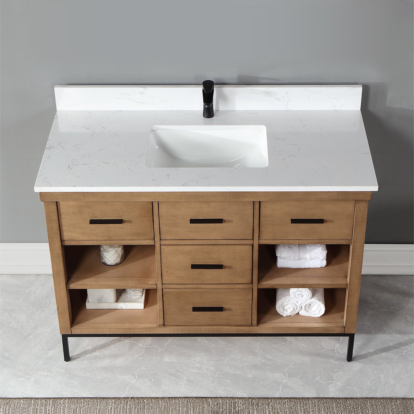 Kesia 48" Single Bathroom Vanity Set in Brown Pine with Aosta White Engineered Stone Countertop without Mirror