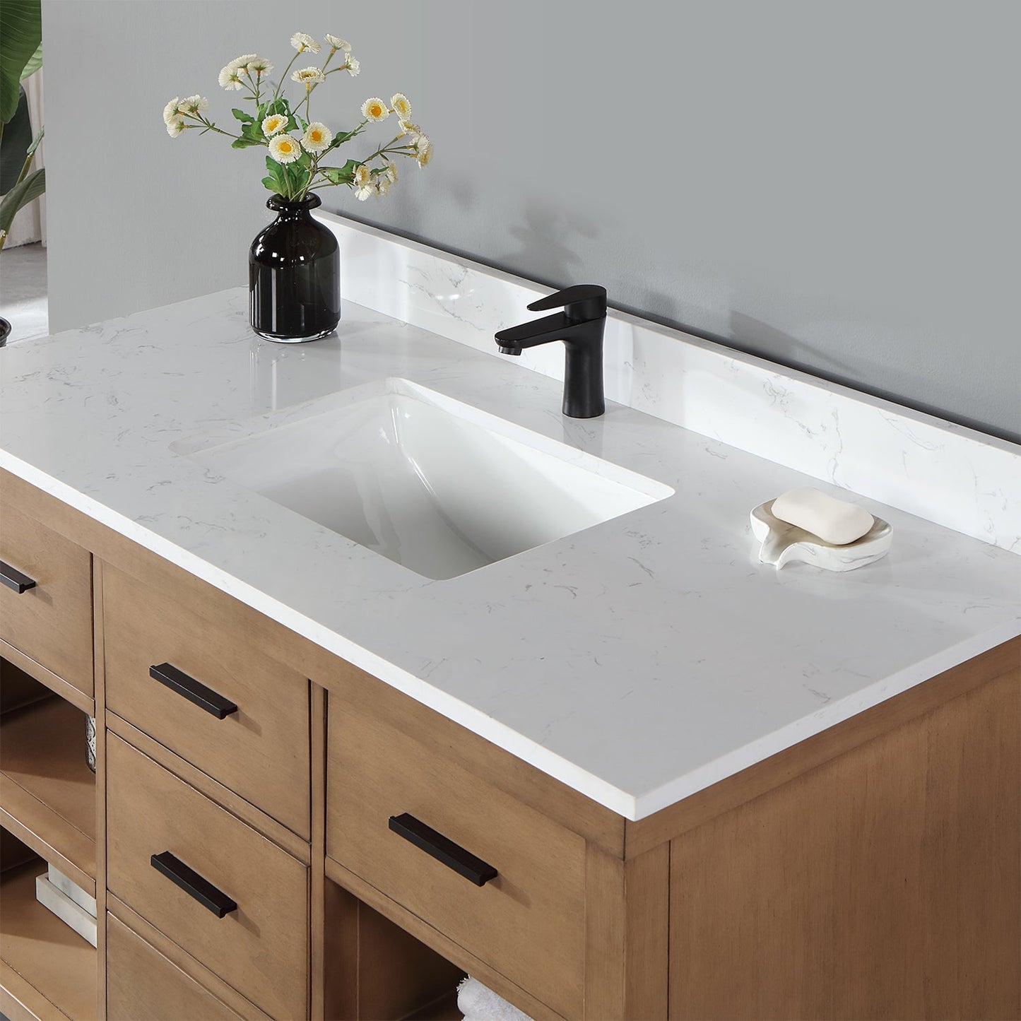 Kesia 48" Single Bathroom Vanity Set in Brown Pine with Aosta White Engineered Stone Countertop without Mirror