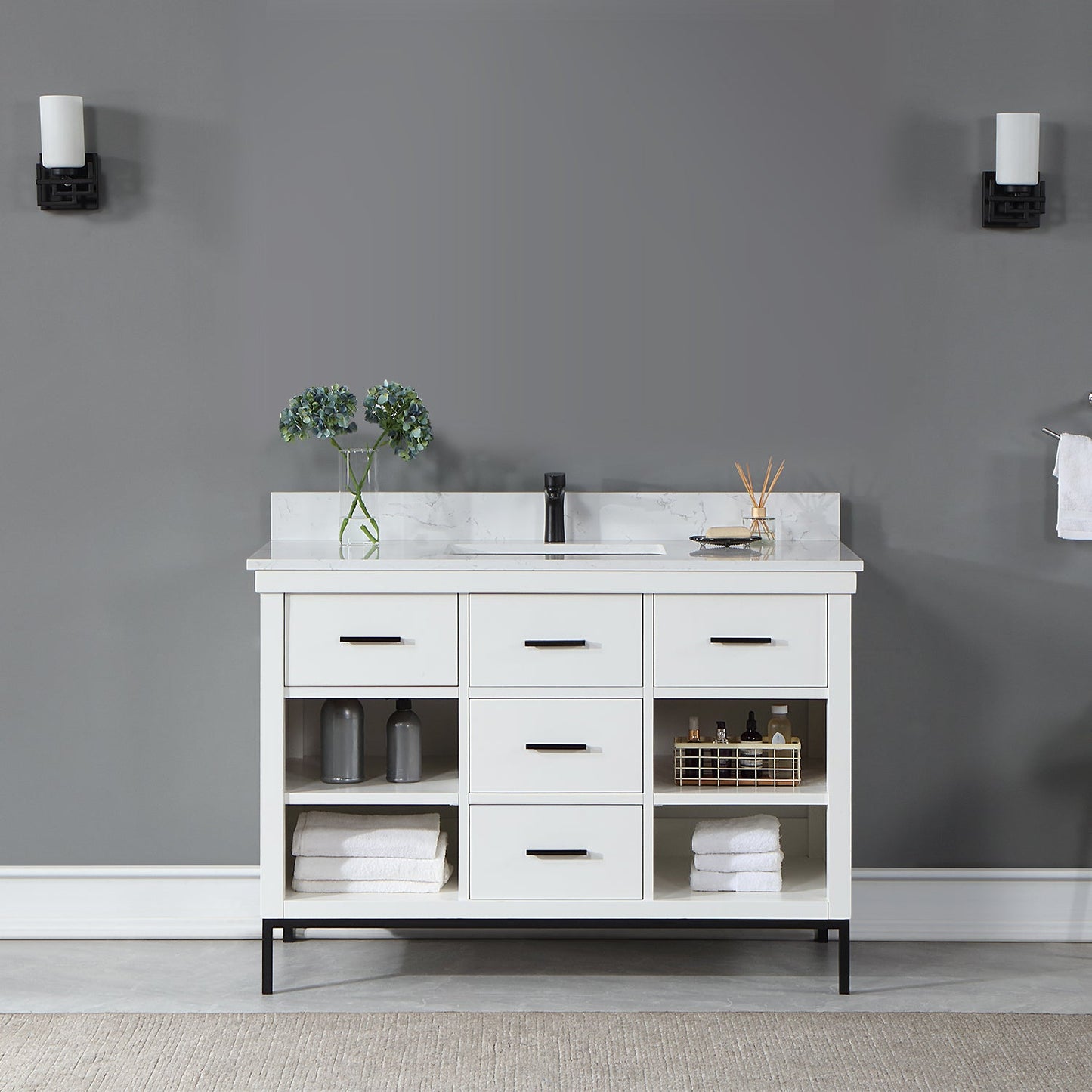 Kesia 48" Single Bathroom Vanity Set in White with Aosta White Engineered Stone Countertop without Mirror
