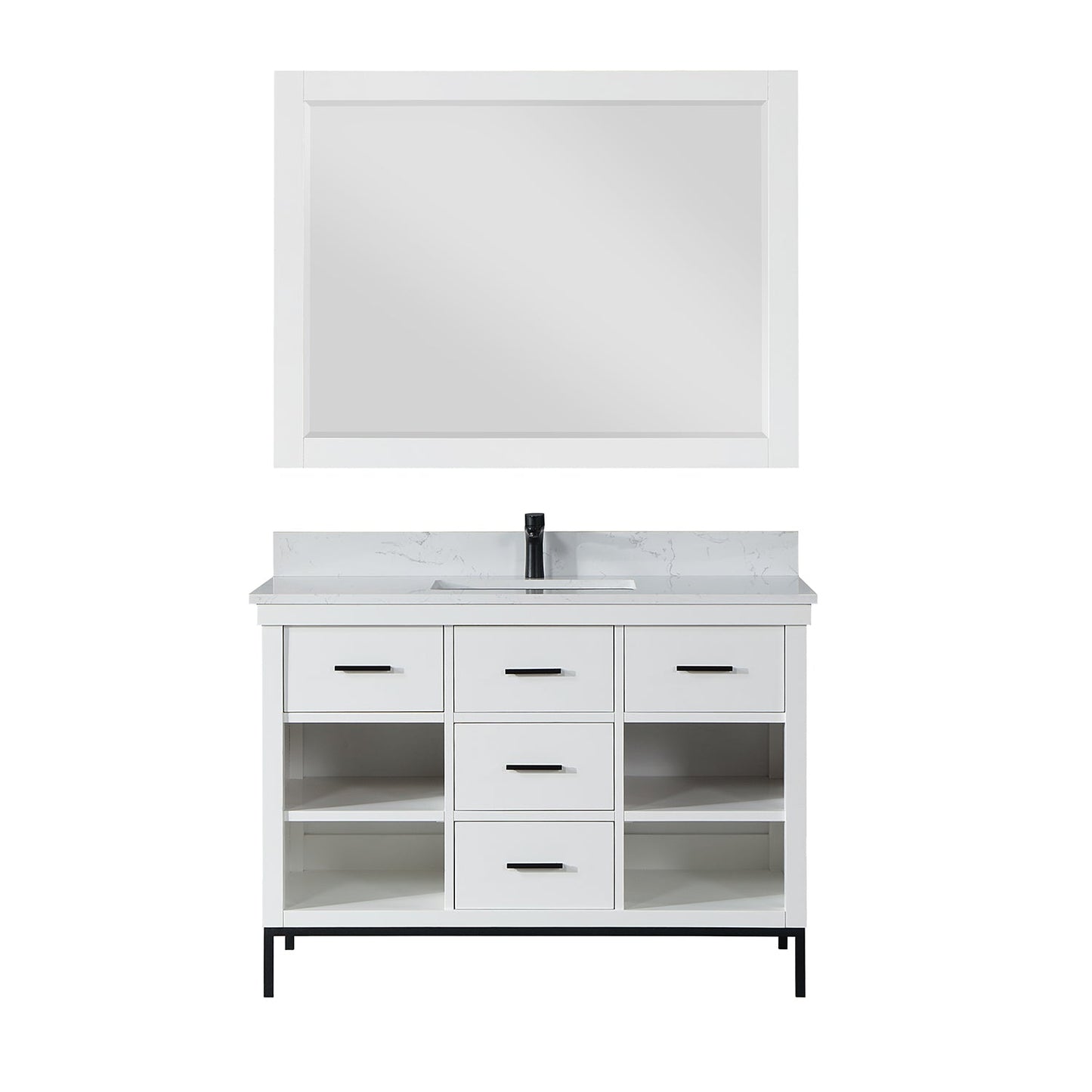 Kesia 48" Single Bathroom Vanity Set in White with Aosta White Engineered Stone Countertop with Mirror