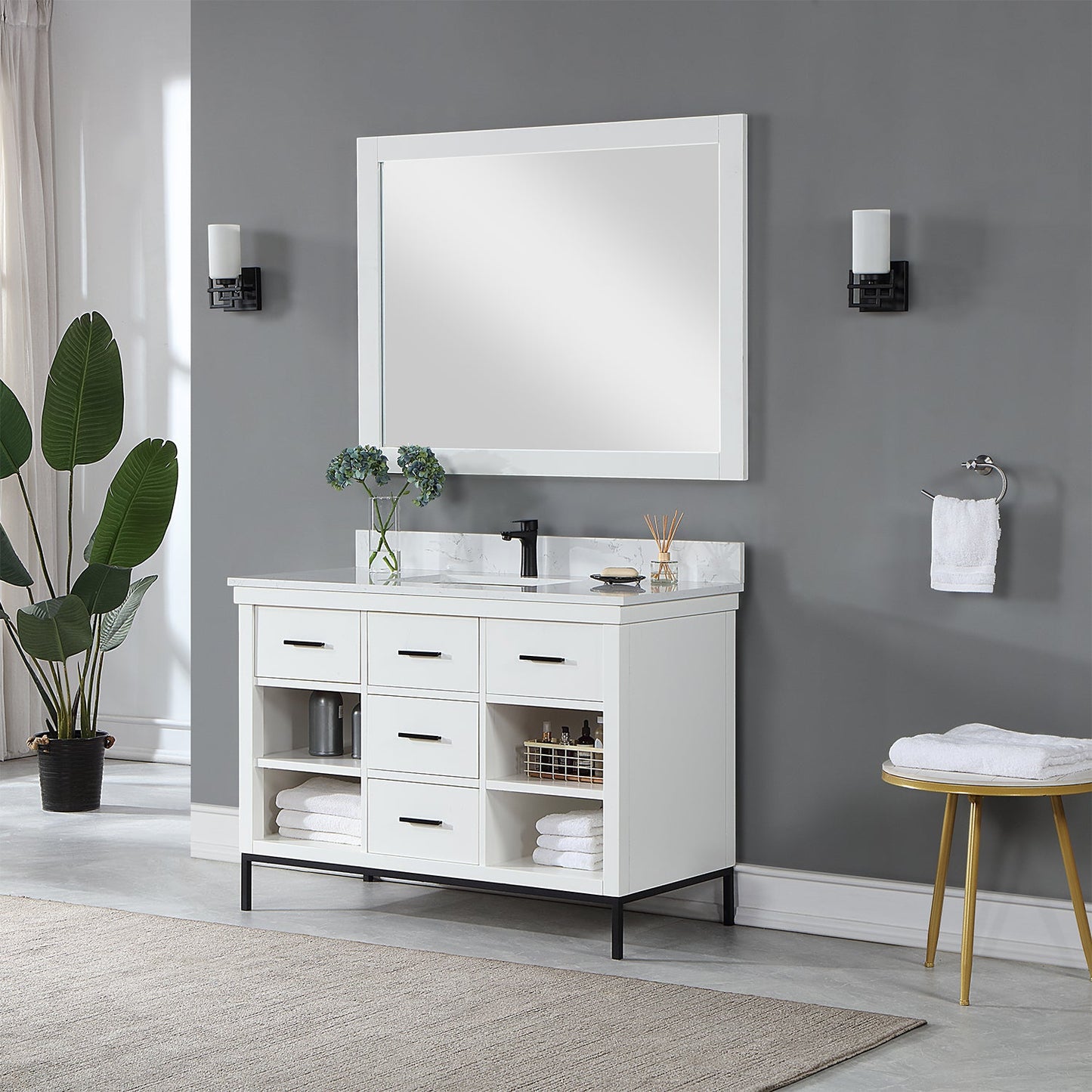 Kesia 48" Single Bathroom Vanity Set in White with Aosta White Engineered Stone Countertop with Mirror