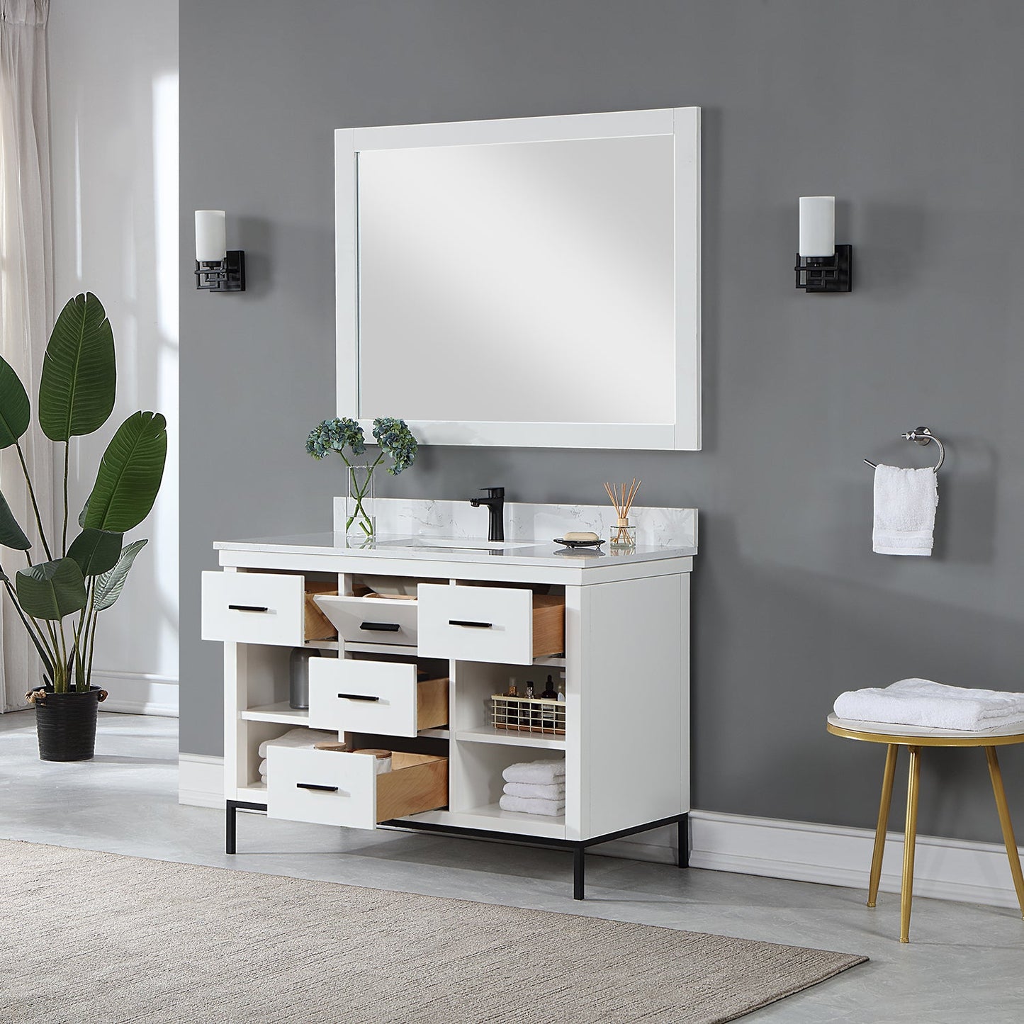 Kesia 48" Single Bathroom Vanity Set in White with Aosta White Engineered Stone Countertop with Mirror