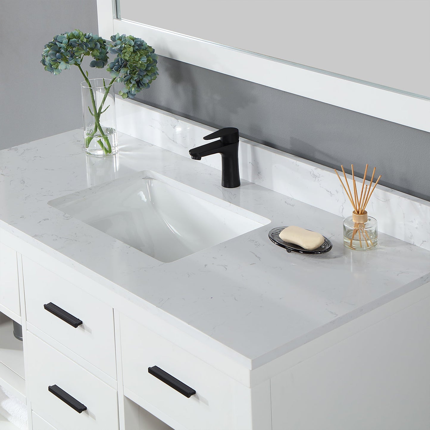 Kesia 48" Single Bathroom Vanity Set in White with Aosta White Engineered Stone Countertop with Mirror