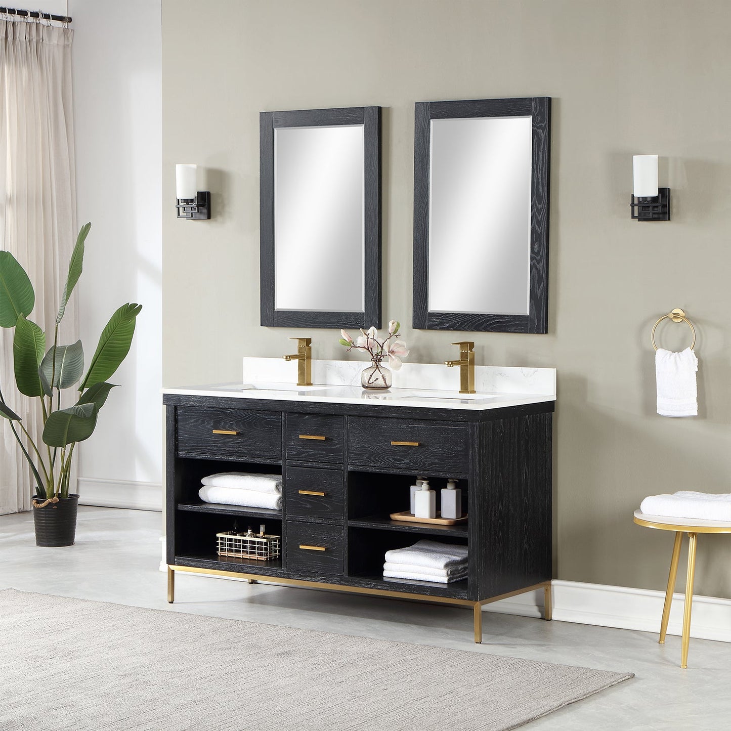 Kesia 60" Double Bathroom Vanity Set in Black Oak with Aosta White Engineered Stone Countertop with Mirror