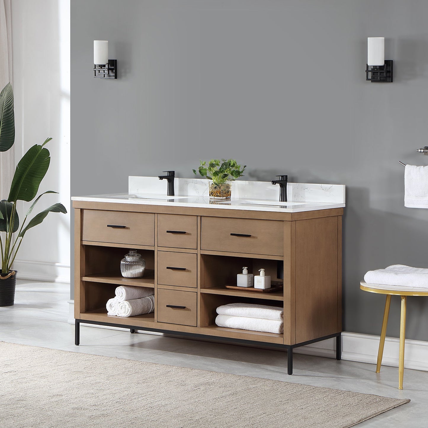 Kesia 60" Double Bathroom Vanity Set in Brown Pine with Aosta White Engineered Stone Countertop without Mirror