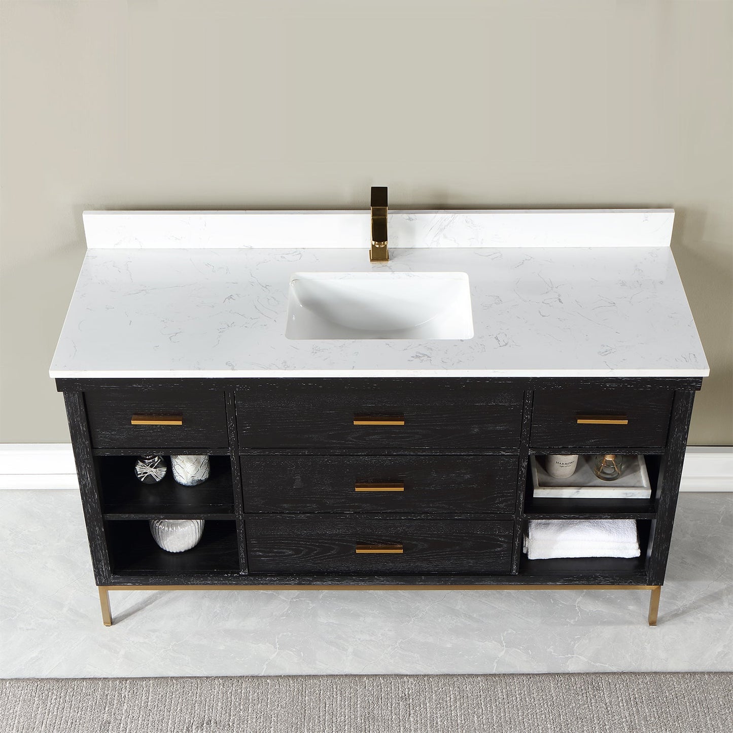 Kesia 60" Single Bathroom Vanity Set in Black Oak with Aosta White Engineered Stone Countertop without Mirror