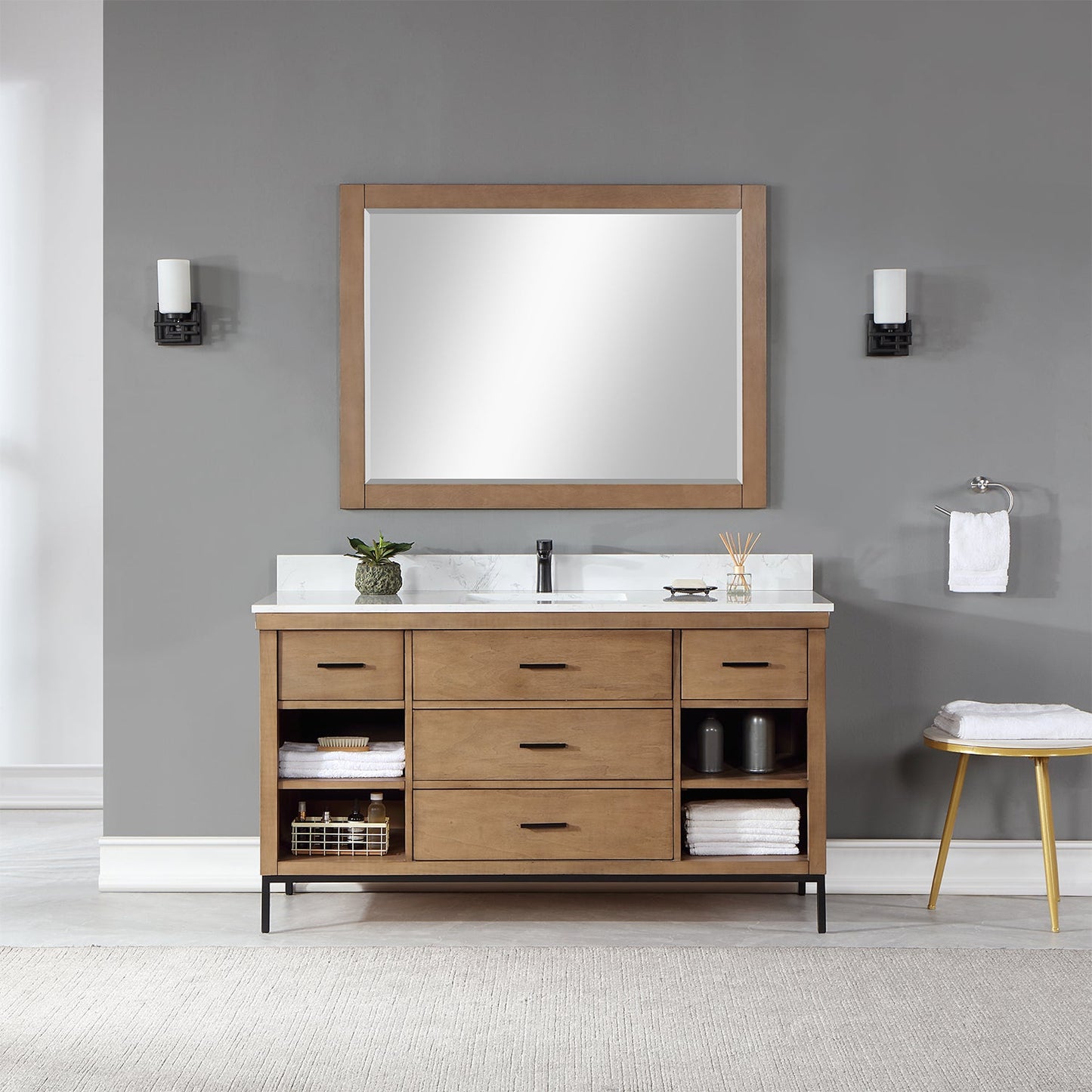 Kesia 60" Single Bathroom Vanity Set in Brown Pine with Aosta White Engineered Stone Countertop with Mirror
