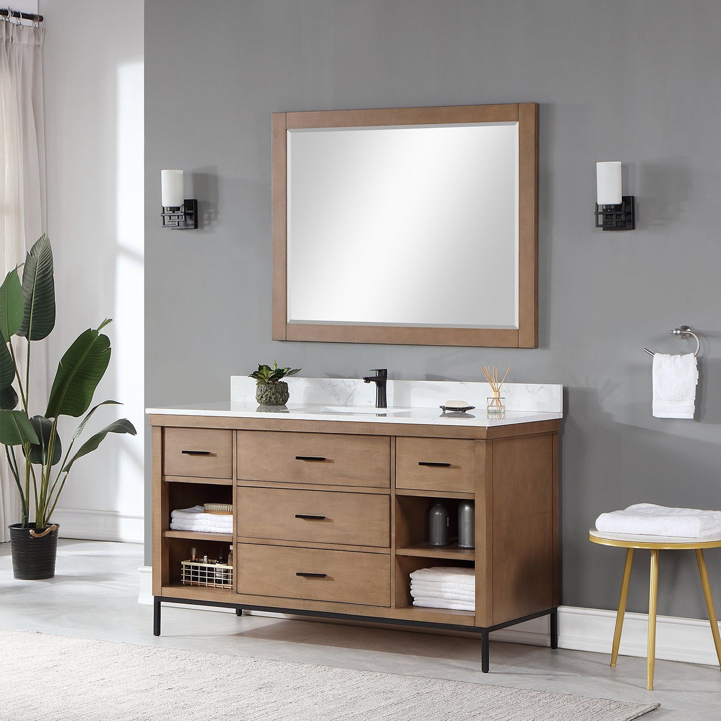 Kesia 60" Single Bathroom Vanity Set in Brown Pine with Aosta White Engineered Stone Countertop with Mirror