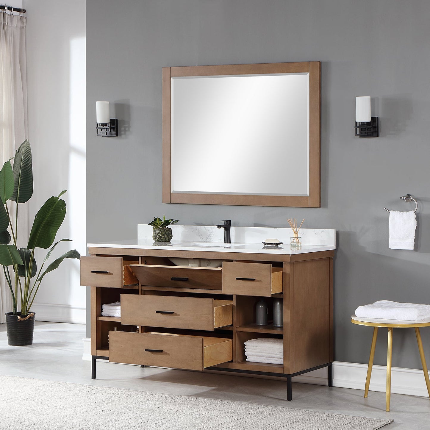 Kesia 60" Single Bathroom Vanity Set in Brown Pine with Aosta White Engineered Stone Countertop with Mirror