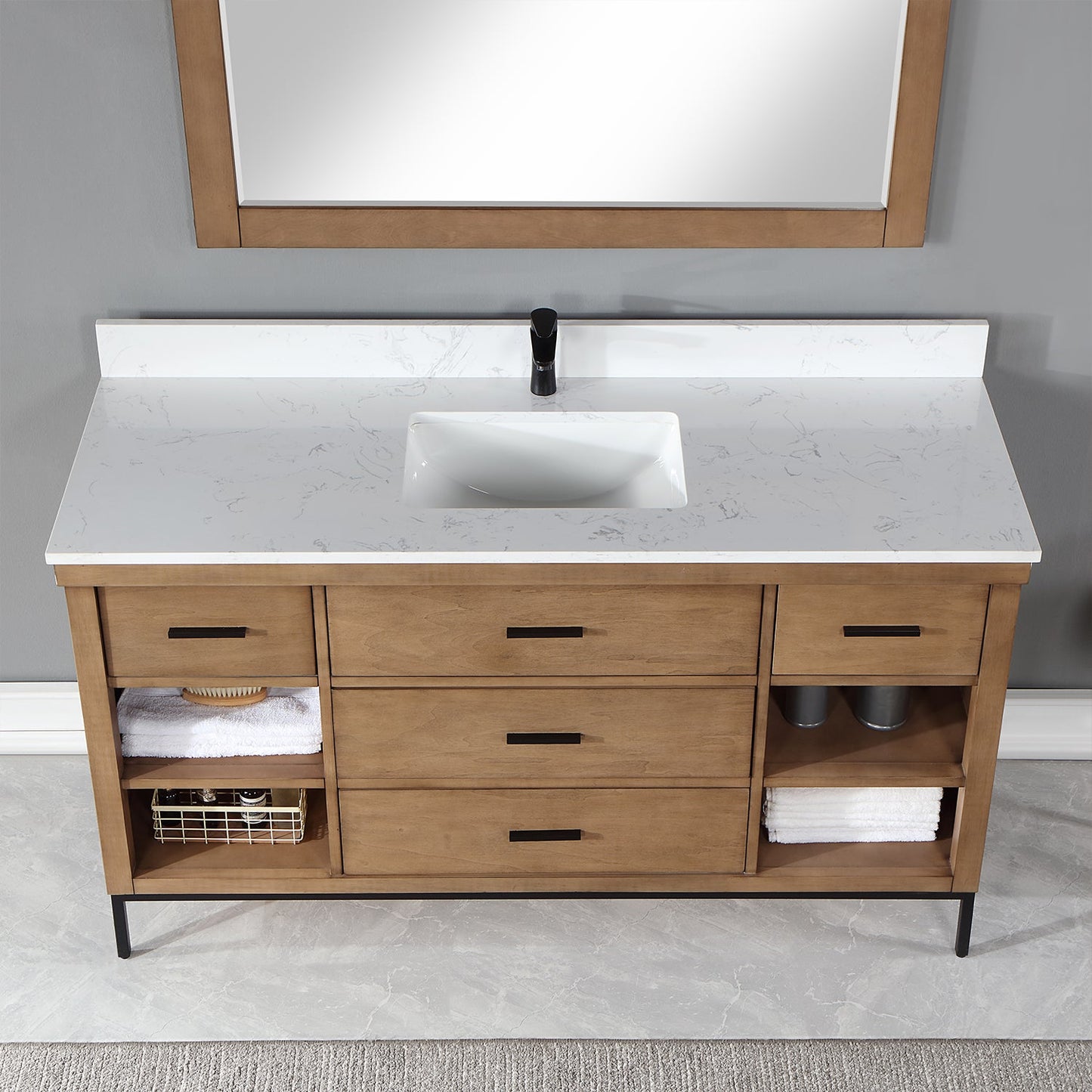 Kesia 60" Single Bathroom Vanity Set in Brown Pine with Aosta White Engineered Stone Countertop with Mirror