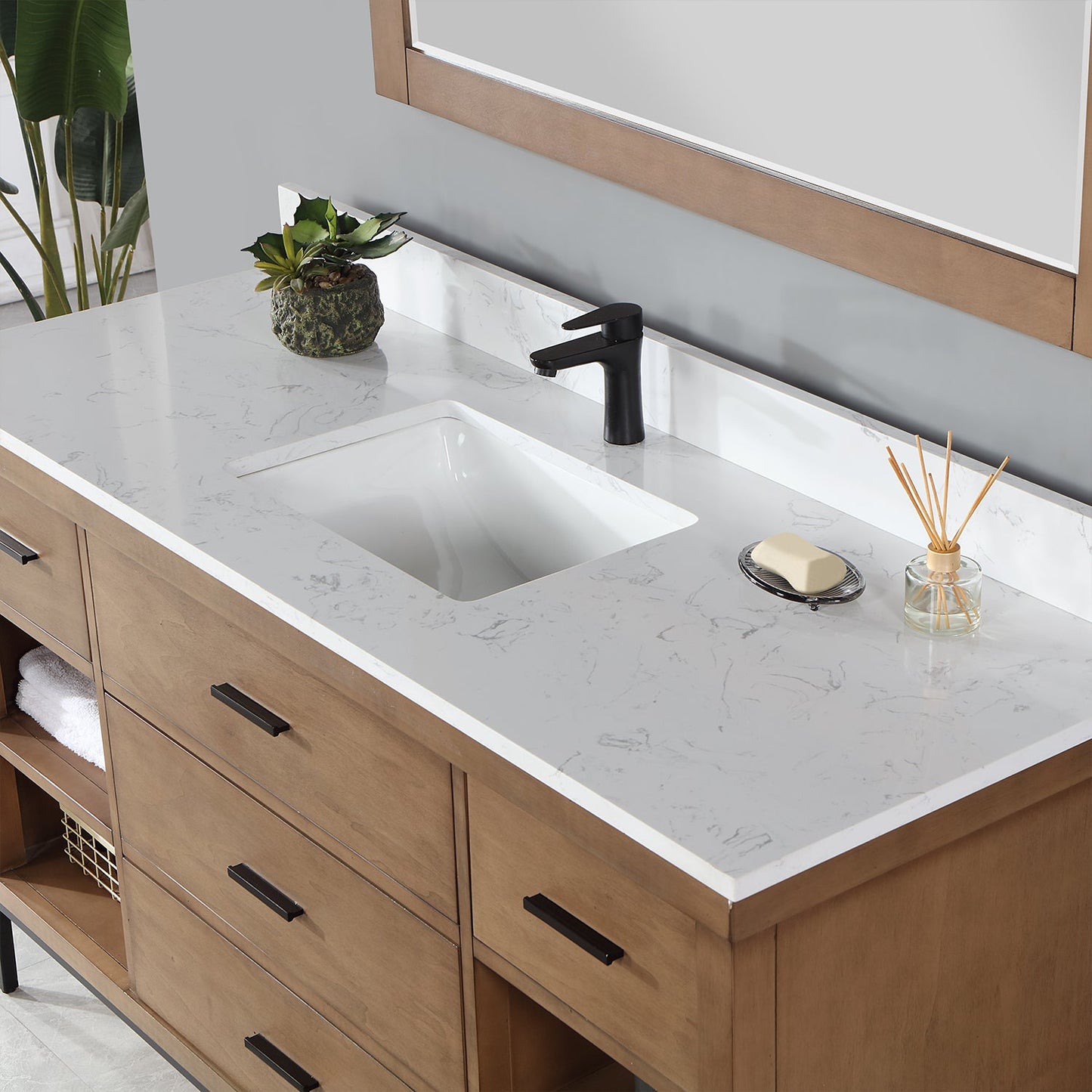 Kesia 60" Single Bathroom Vanity Set in Brown Pine with Aosta White Engineered Stone Countertop with Mirror