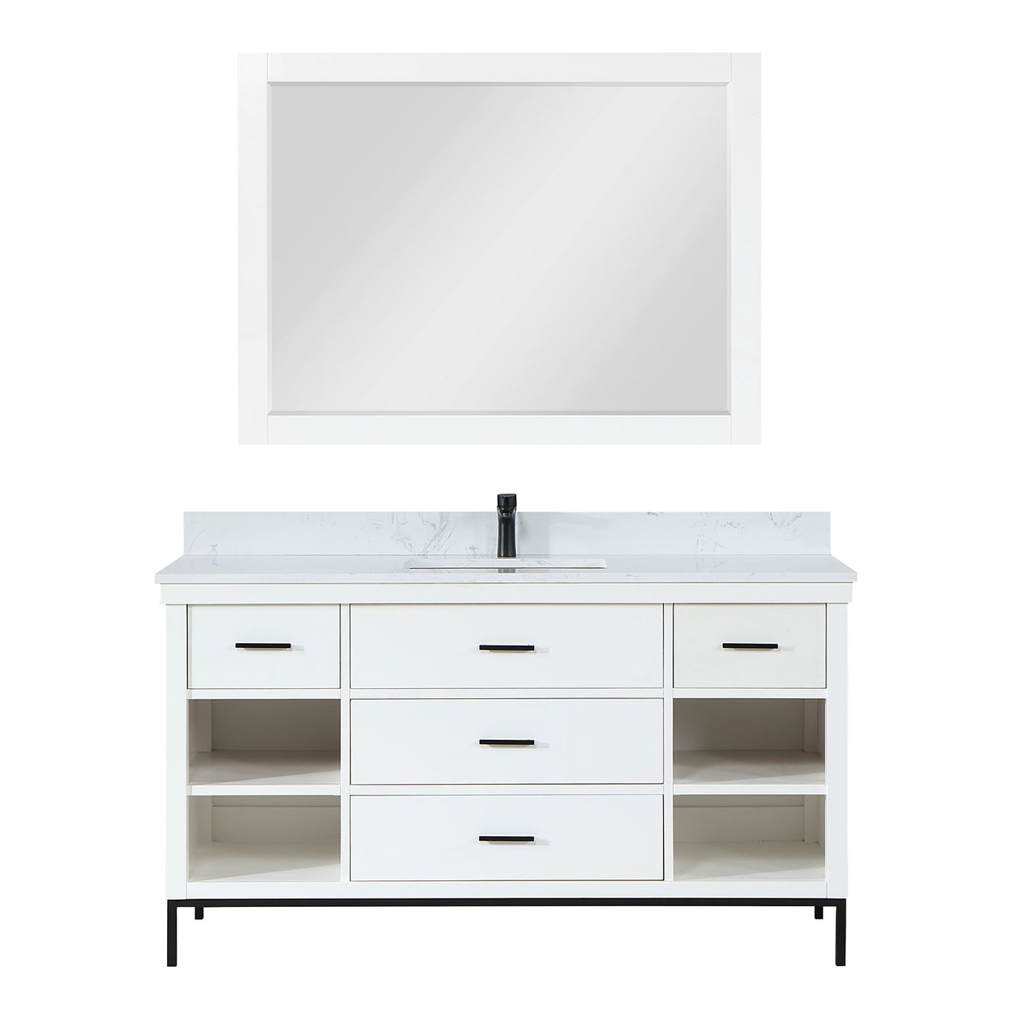 Kesia 60" Single Bathroom Vanity Set in White with Aosta White Engineered Stone Countertop with Mirror