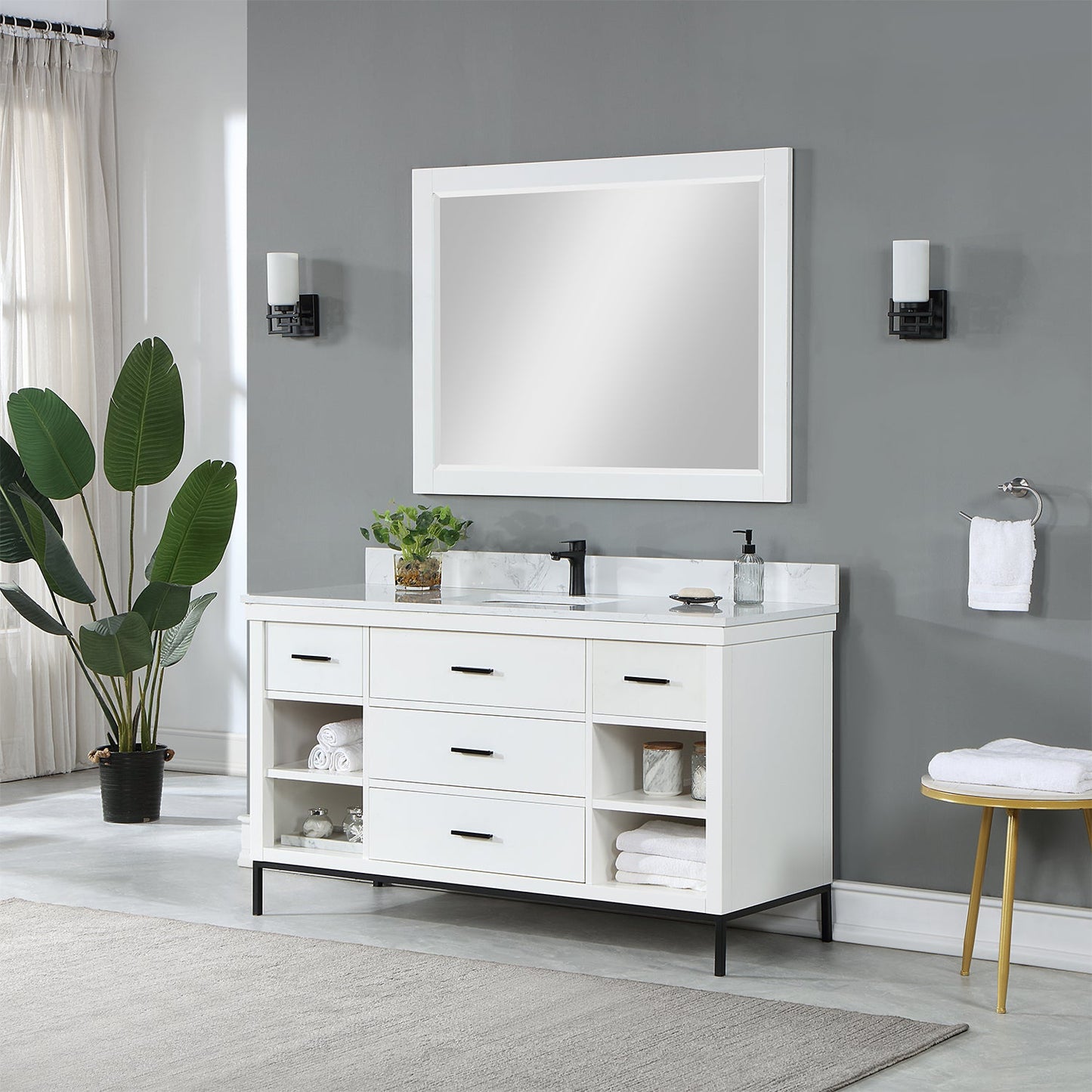 Kesia 60" Single Bathroom Vanity Set in White with Aosta White Engineered Stone Countertop with Mirror