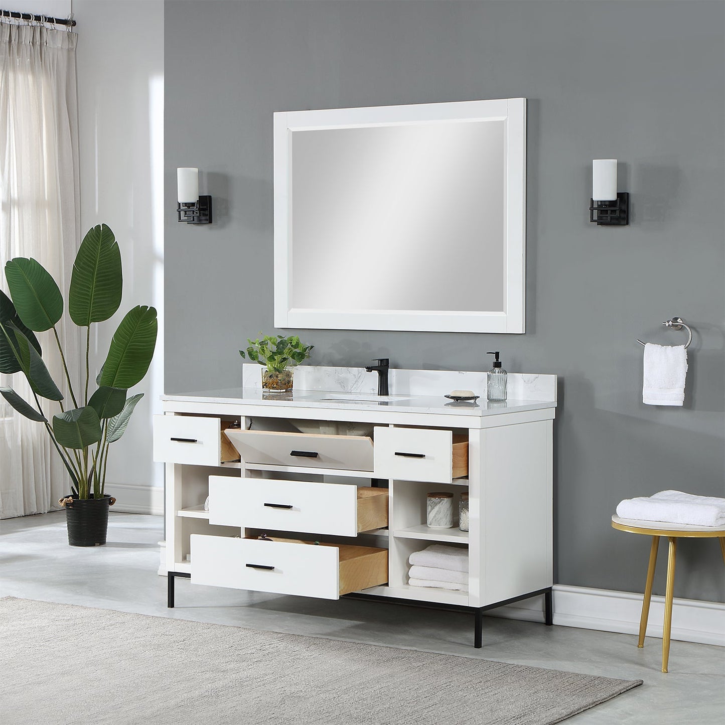 Kesia 60" Single Bathroom Vanity Set in White with Aosta White Engineered Stone Countertop with Mirror