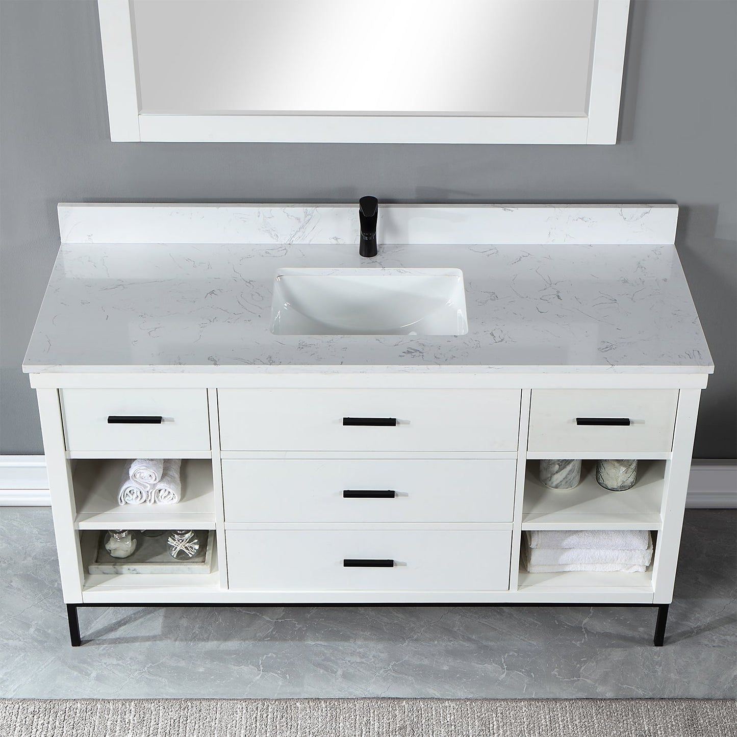 Kesia 60" Single Bathroom Vanity Set in White with Aosta White Engineered Stone Countertop with Mirror