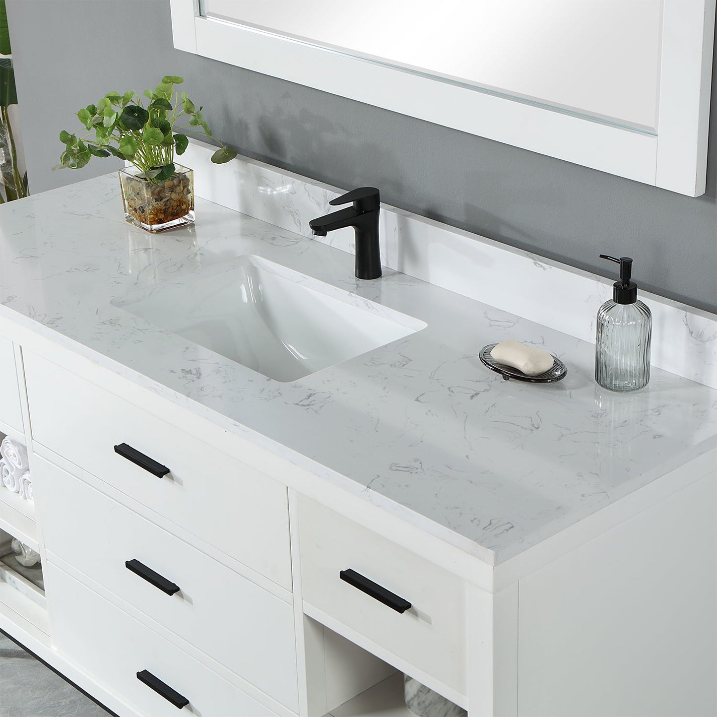 Kesia 60" Single Bathroom Vanity Set in White with Aosta White Engineered Stone Countertop with Mirror