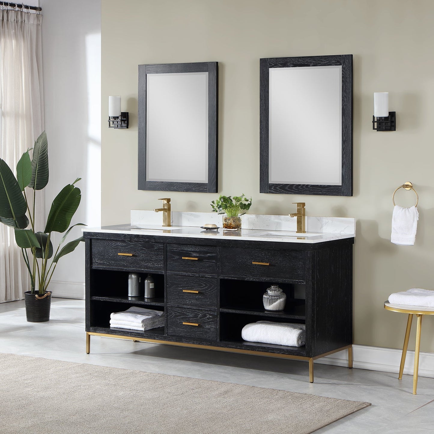 Kesia 72" Double Bathroom Vanity Set in Black Oak with Aosta White Engineered Stone Countertop with Mirror